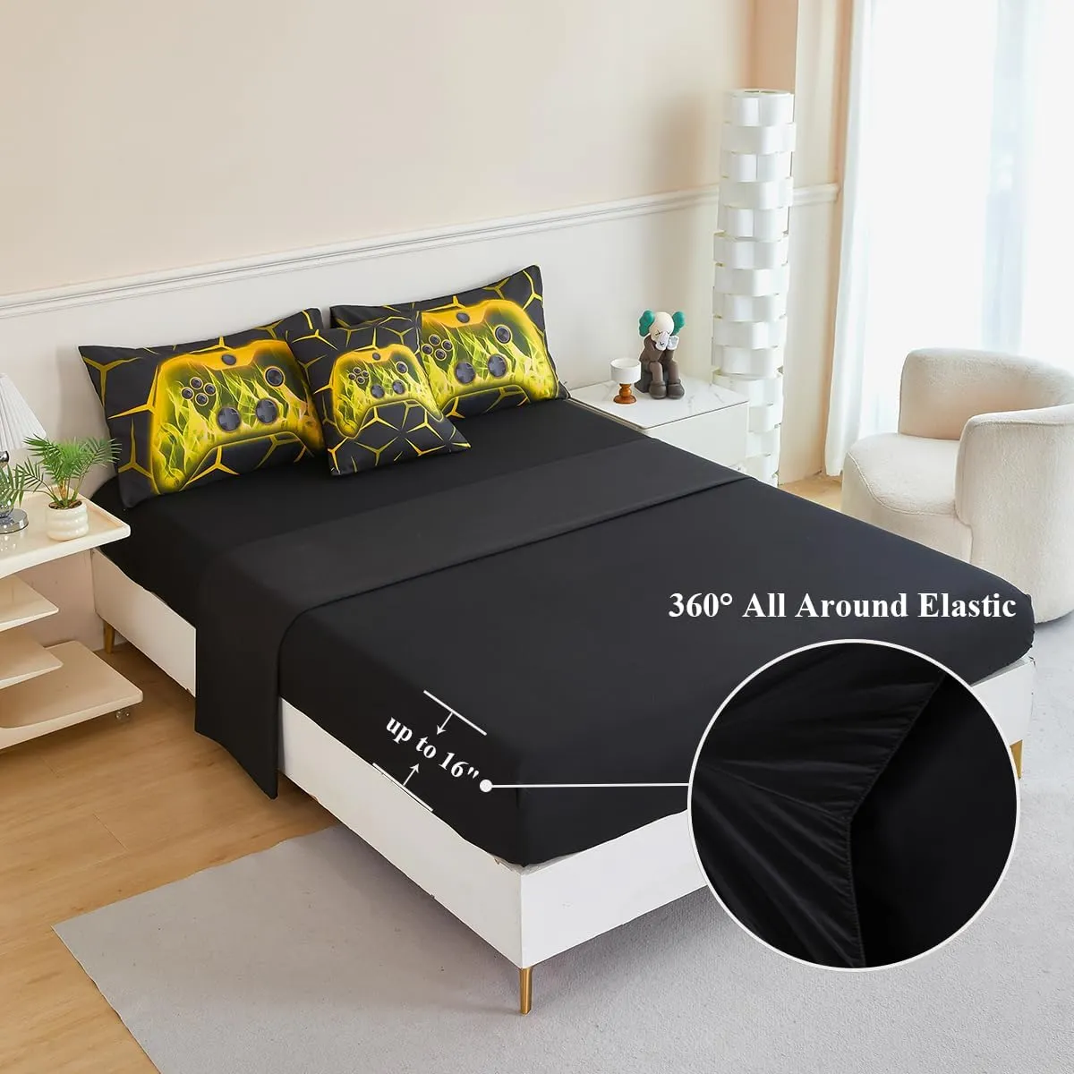 6 Pieces Kids Comforter Set with Sheets Gamer Queen Bed Bedding Set Teens Black Geometric Bed in A Bag Warm Fluffy Yellow Gaming Bed Set for Boys Home Decor(Yellow, Queen)