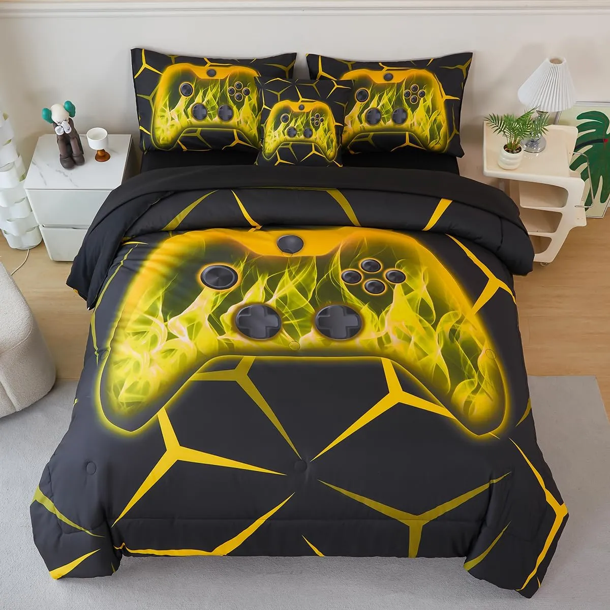 6 Pieces Kids Comforter Set with Sheets Gamer Queen Bed Bedding Set Teens Black Geometric Bed in A Bag Warm Fluffy Yellow Gaming Bed Set for Boys Home Decor(Yellow, Queen)