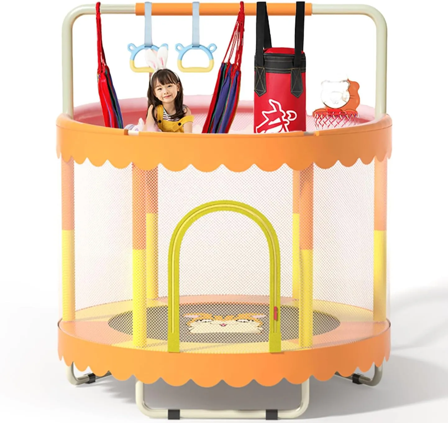 60" Trampoline for Kids, Update T-handrail Adjustable Baby Toddler Trampoline with Basketball Hoop, 200lbs Anti-Rollover Round Bottom Indoor Outdoor Toddler Trampoline with Enclosure