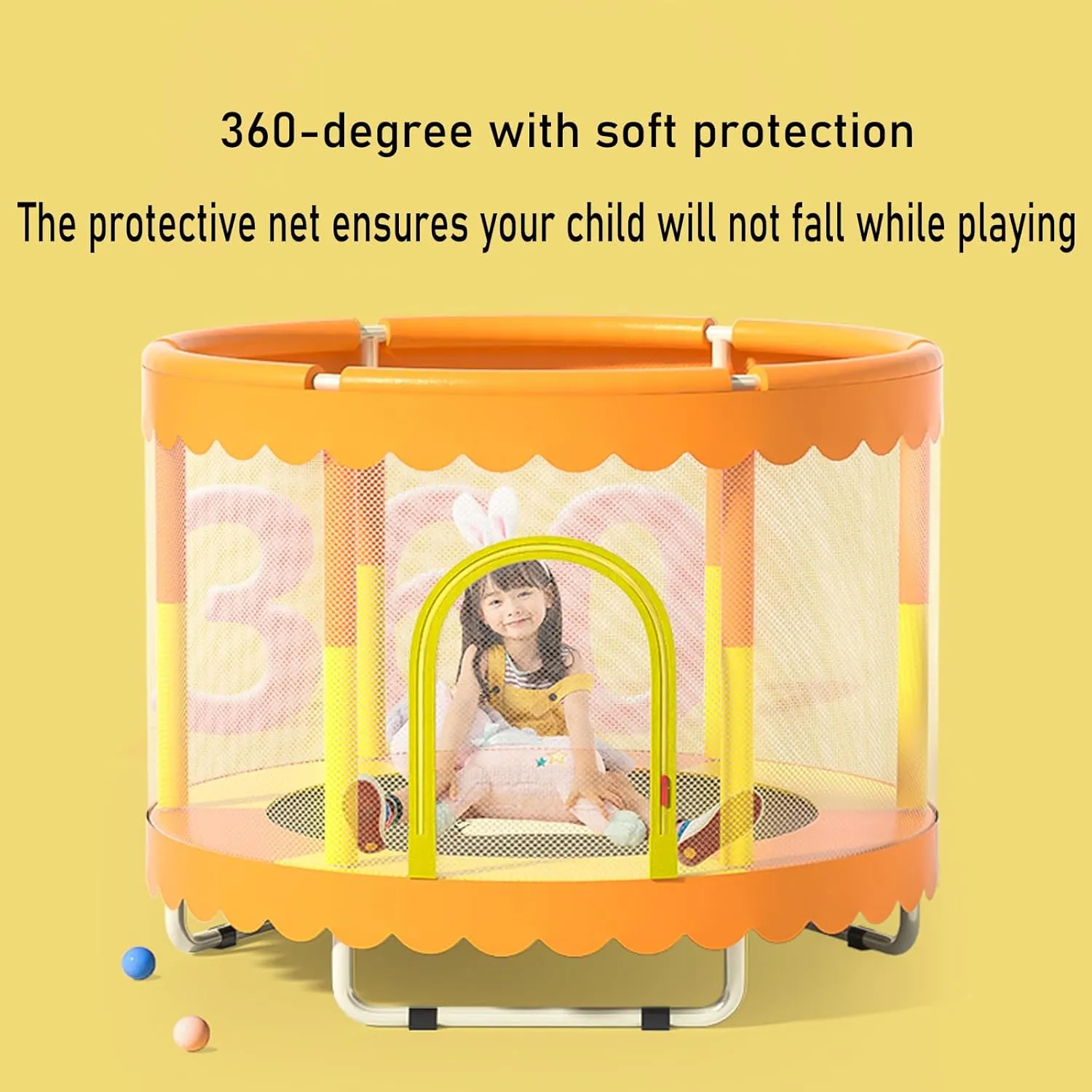 60" Trampoline for Kids, Update T-handrail Adjustable Baby Toddler Trampoline with Basketball Hoop, 200lbs Anti-Rollover Round Bottom Indoor Outdoor Toddler Trampoline with Enclosure