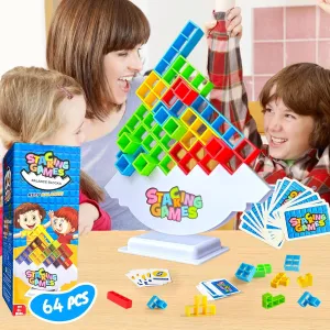 64 Pcs Tetra Tower Stacking Game, Fun Balance Building Blocks Board Games for Kids Adults Family Party, Toys Gifts for Boys Girls Ages 3-12