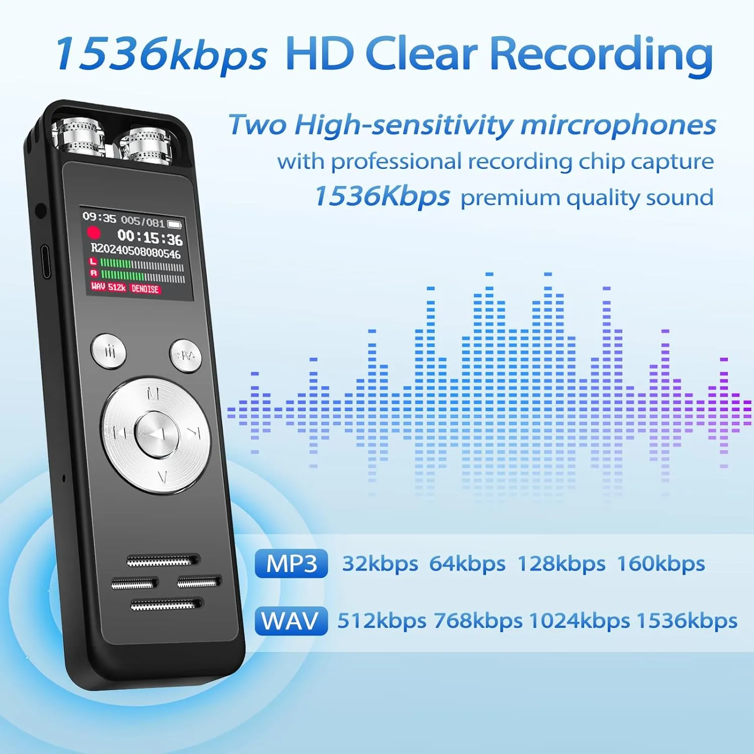 64GB Digital Voice Recorder with Playback,Voice Activated Recorder with Noise Reduction,3072 Kbps HD Recording Voice Recorder,Dual Microphone A-B Repeat Recording Mp3 Player and Password