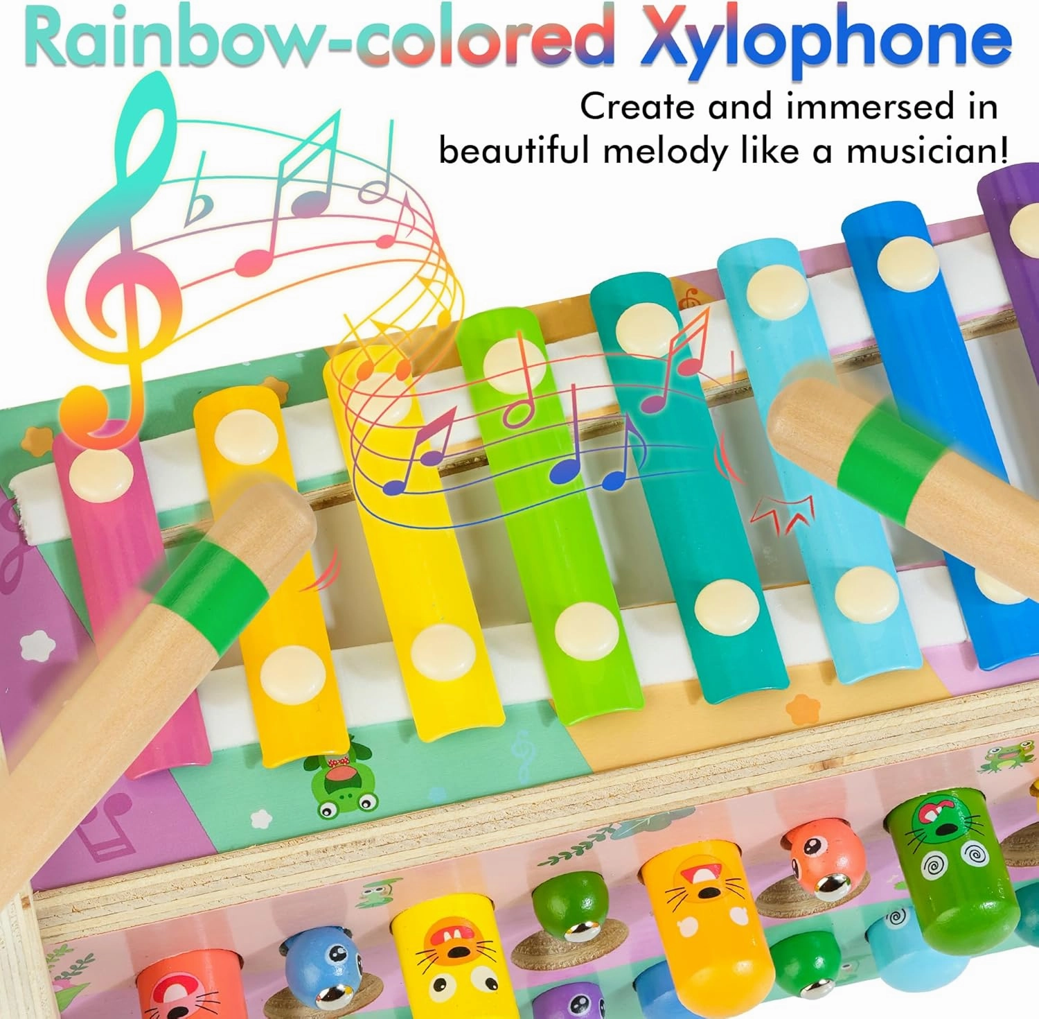 6-in-1 Wooden Montessori Toys for 1 Year Old, Mole-Tapping Game | Play The Xylophone | Frog Clock | Carrot Harvest Game | Spinning Gear, Baby Toy Gift for Early Learning