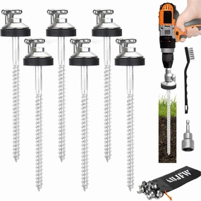 6 Pcs 6.2" Drillable Threaded Long Hook Top Packs Tent Stakes, Heavy Duty Hardened Steel Ground Pegs for Grassland Garden Tents Canopies Awnings Camping Travel (Hex Tool and Storage Bag)