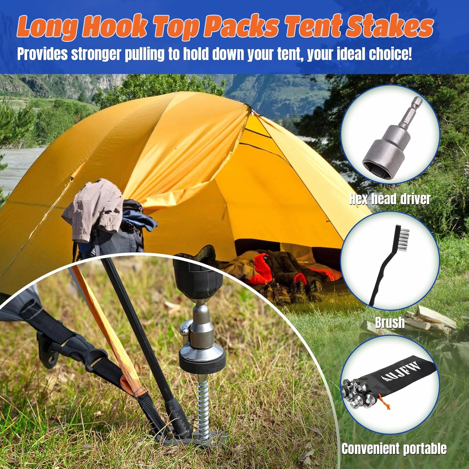 6 Pcs 6.2" Drillable Threaded Long Hook Top Packs Tent Stakes, Heavy Duty Hardened Steel Ground Pegs for Grassland Garden Tents Canopies Awnings Camping Travel (Hex Tool and Storage Bag)