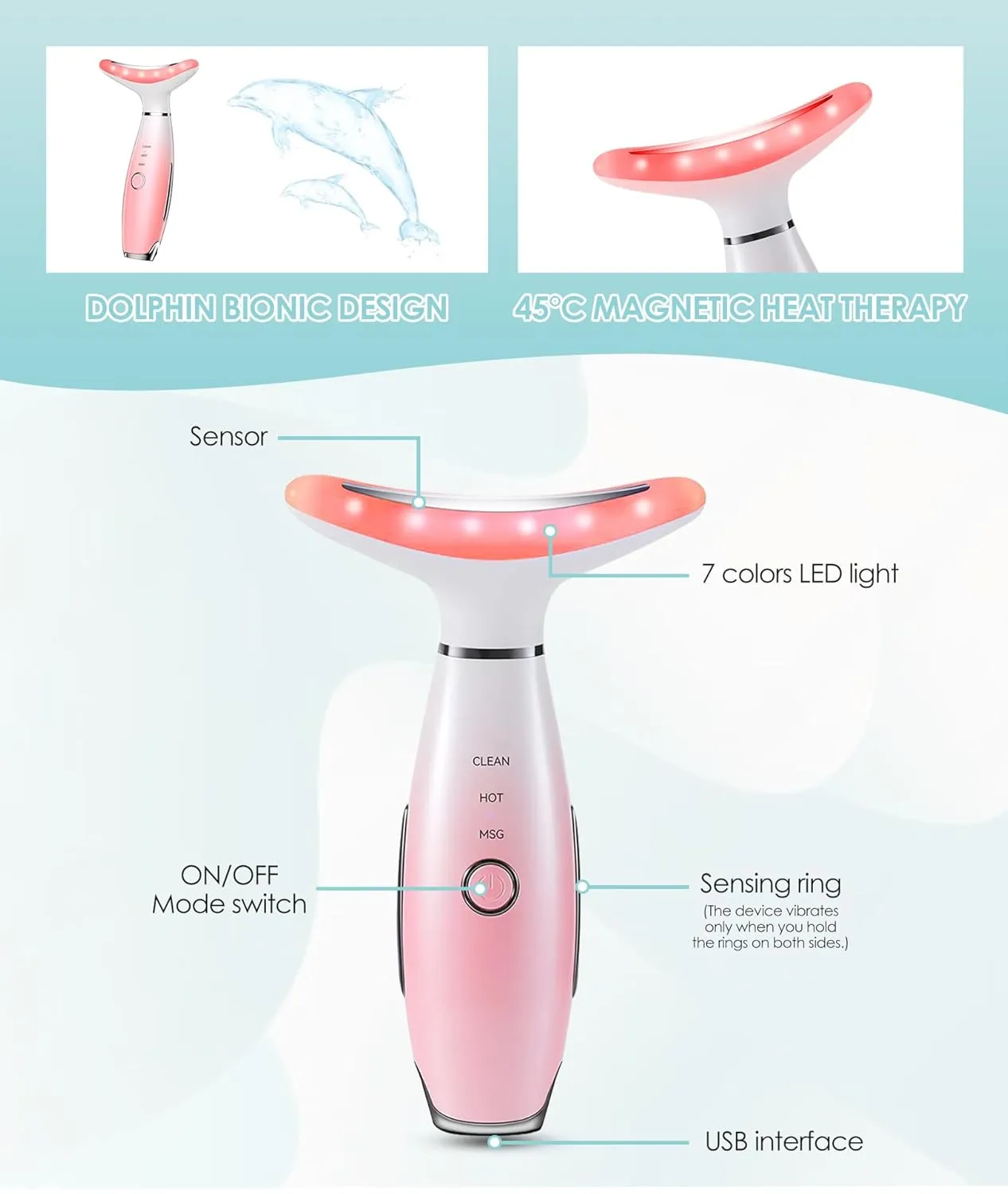 7 Color Neck Face Massager - Facial Massager Tool for Skin Care at Home, Vibrating Face Massager with Thermals, Pink