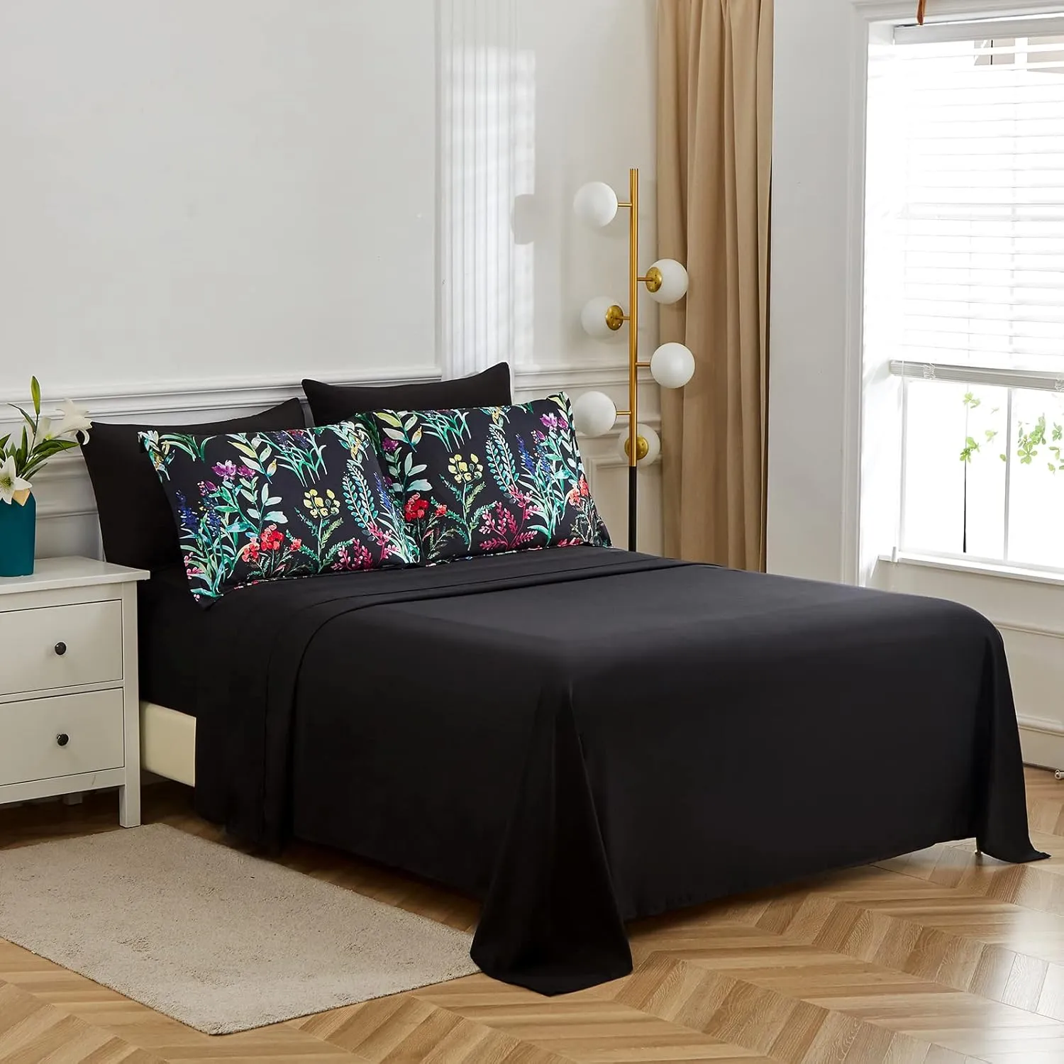 7 Piece Bed in a Bag Floral Comforter Set, Botanical Flowers Comforter and Sheet Set, Soft Microfiber Lightweight Bedding Comforter Set for All Season(Dark Floral, Queen)