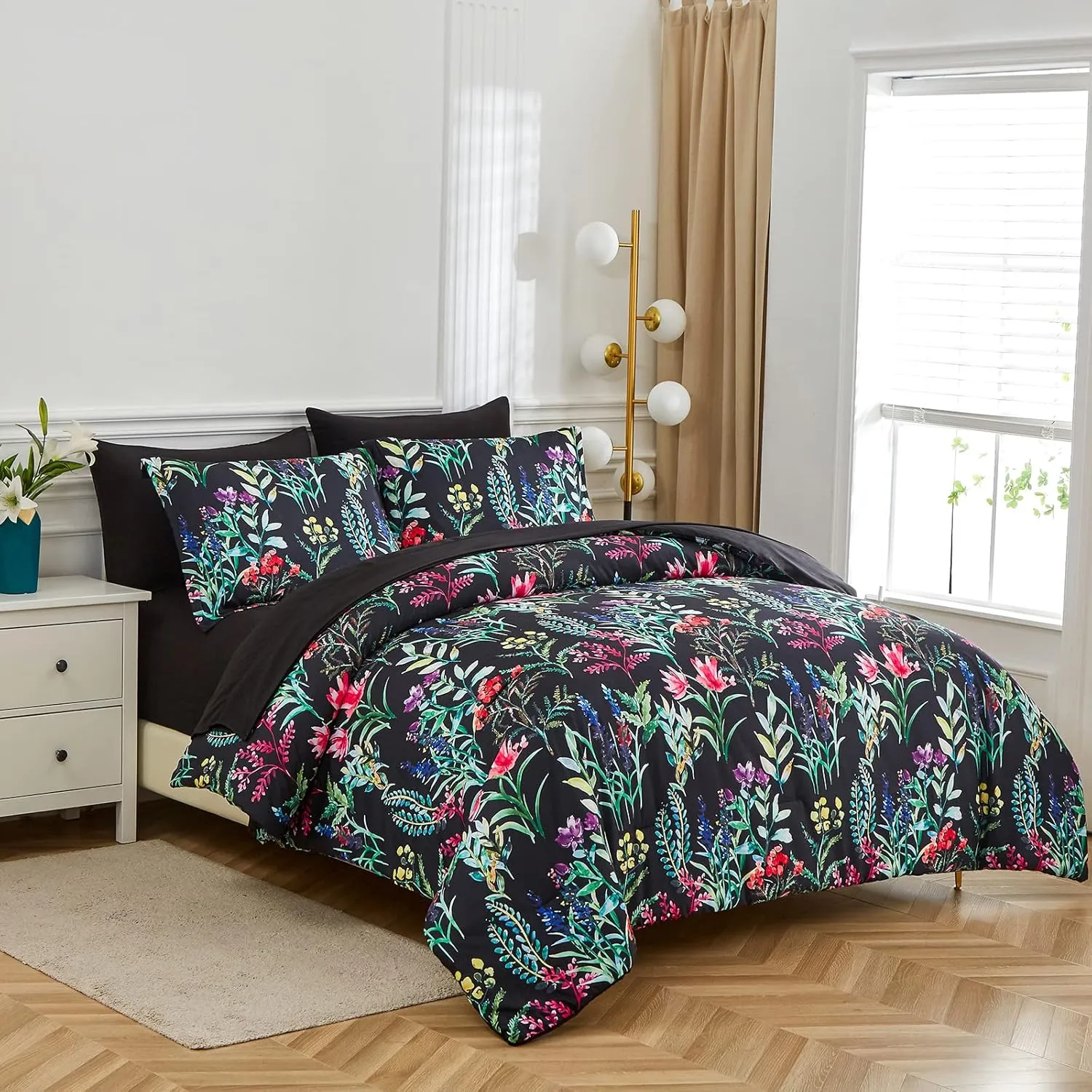 7 Piece Bed in a Bag Floral Comforter Set, Botanical Flowers Comforter and Sheet Set, Soft Microfiber Lightweight Bedding Comforter Set for All Season(Dark Floral, Queen)