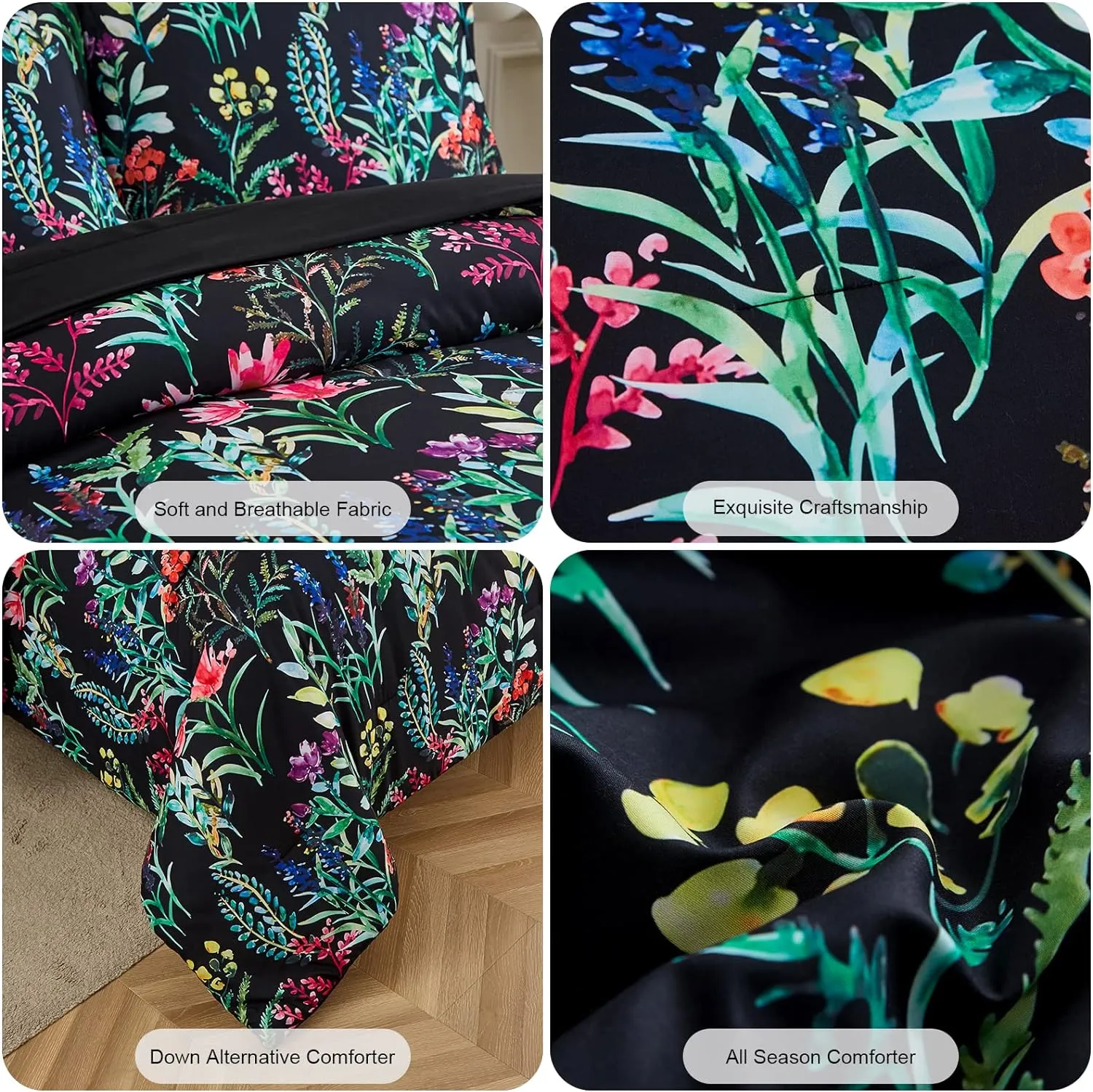 7 Piece Bed in a Bag Floral Comforter Set, Botanical Flowers Comforter and Sheet Set, Soft Microfiber Lightweight Bedding Comforter Set for All Season(Dark Floral, Queen)