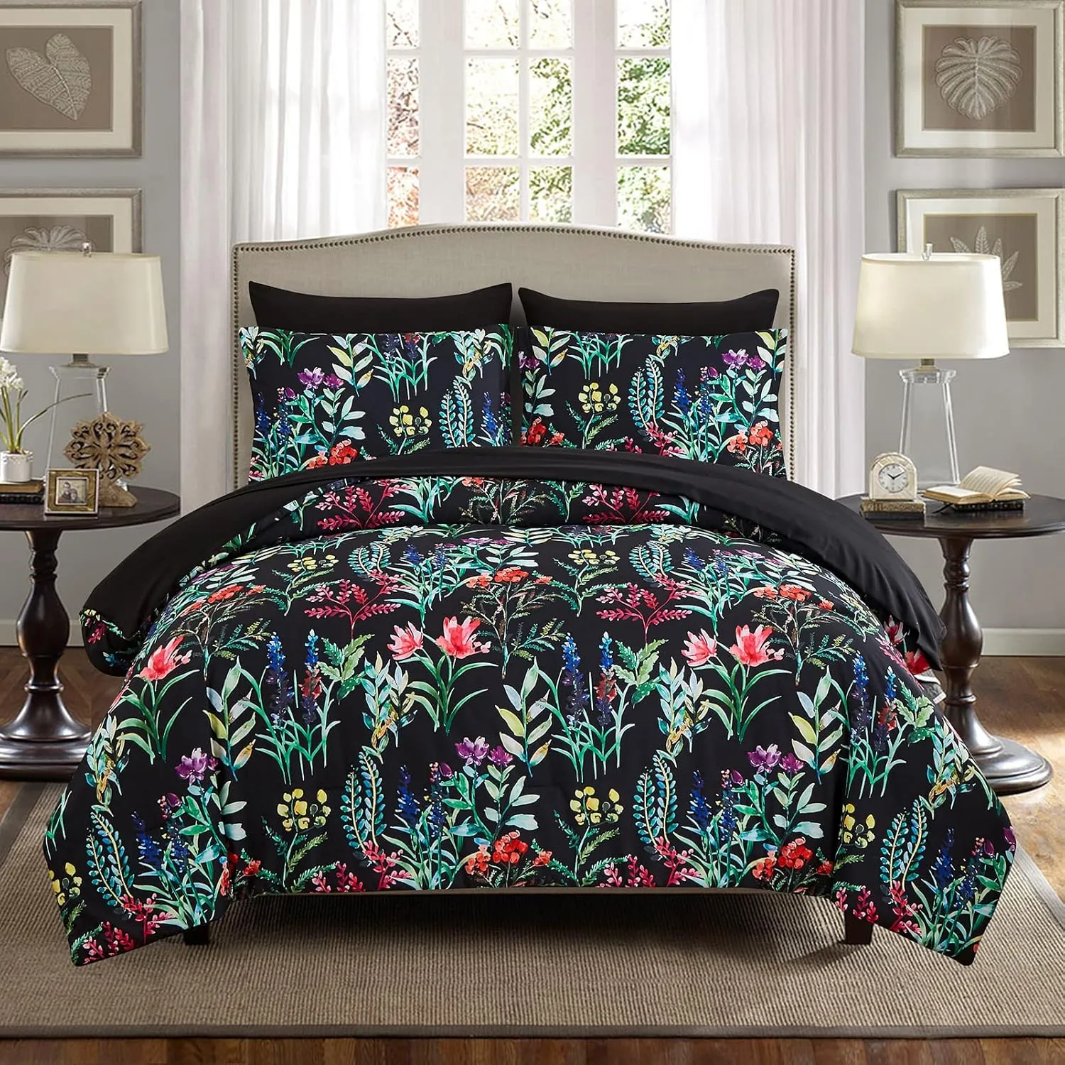 7 Piece Bed in a Bag Floral Comforter Set, Botanical Flowers Comforter and Sheet Set, Soft Microfiber Lightweight Bedding Comforter Set for All Season(Dark Floral, Queen)