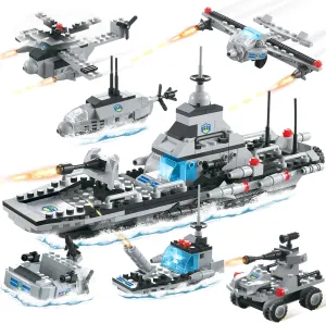 796 Pieces City Police Military Battleship Building Blocks Set Police Helicopter Patrol Boat Cop Car Bomber DIY Construction Toy Storage Box with Baseplates Lid Building Gift for Boys Girls 6-12