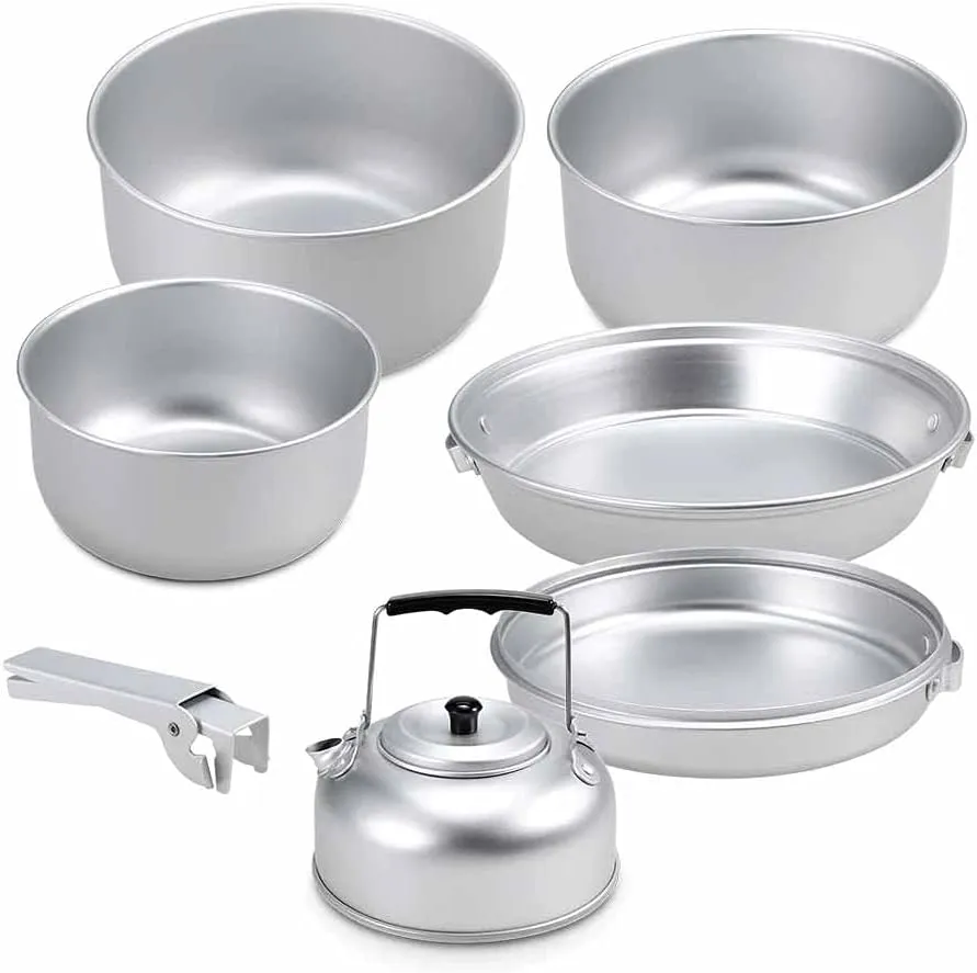7PCS Portable Outdoor Camping Cookware Set Cookset Cooking Pot Pan Tea Kettle Set with Handle