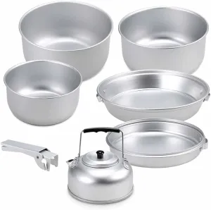 7PCS Portable Outdoor Camping Cookware Set Cookset Cooking Pot Pan Tea Kettle Set with Handle