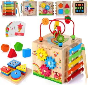 8-in-1 Wooden Activity Cube for Kids, Sorting & Stacking Toys Shape Match Xylophone Montessori Learning Toy STEM Value Pack Gift for Boys Girls Toddlers-Light Pink Packaging