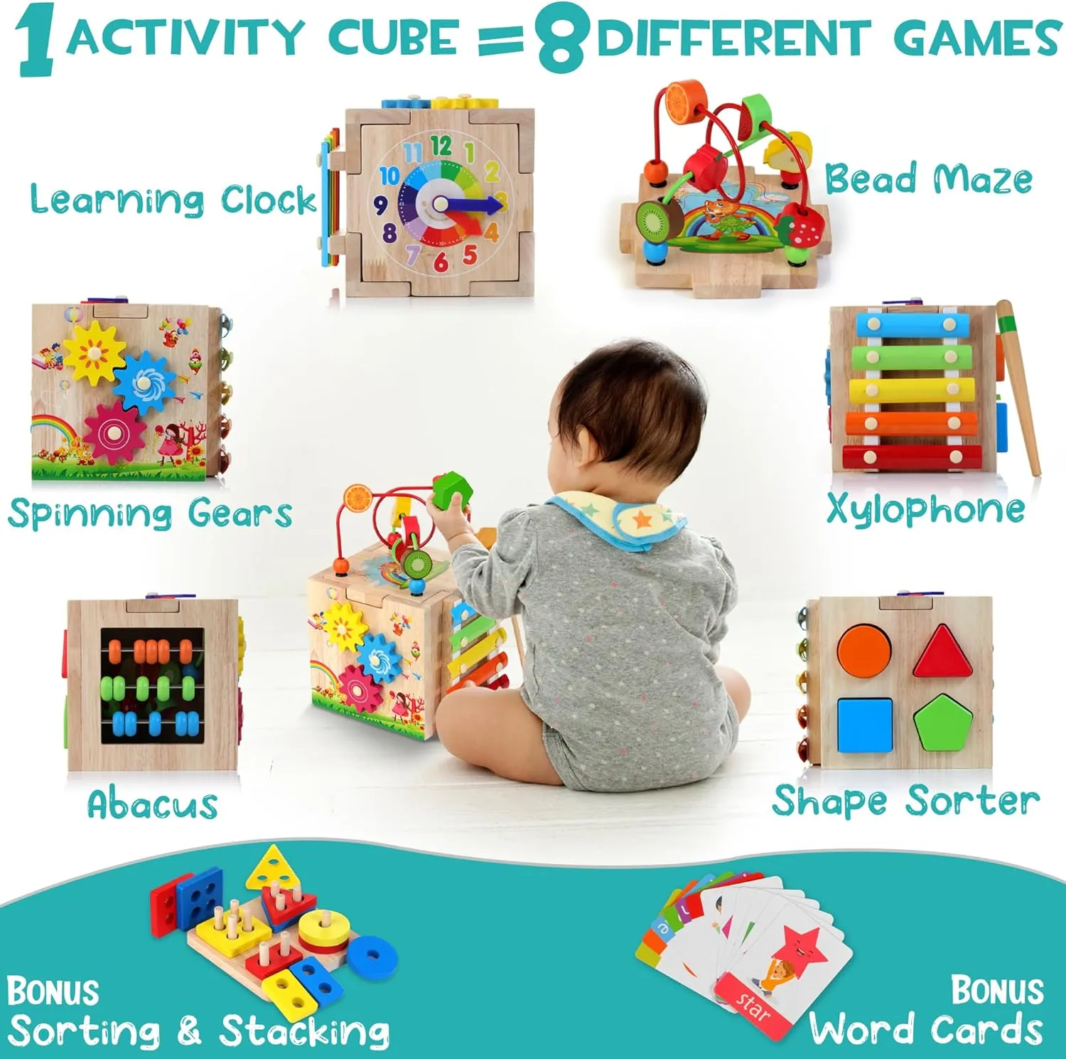 8-in-1 Wooden Activity Cube for Kids, Sorting & Stacking Toys Shape Match Xylophone Montessori Learning Toy STEM Value Pack Gift for Boys Girls Toddlers-Light Pink Packaging