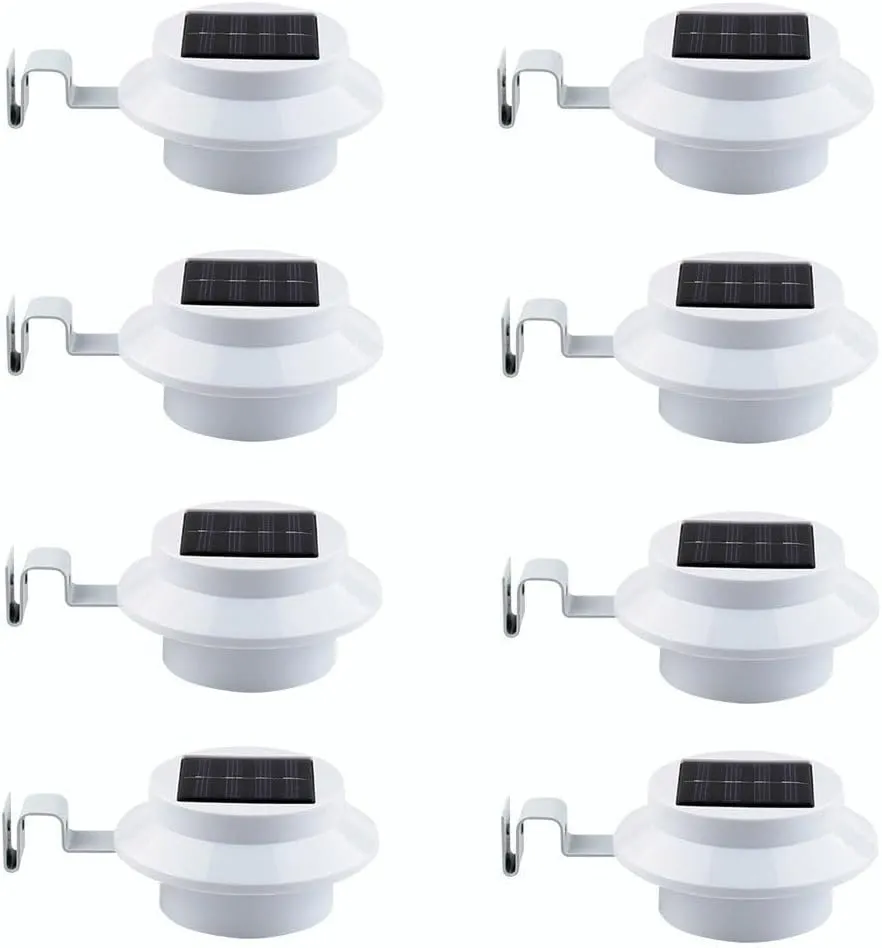 8 Pack White Solar Powered Gutter Lights Outdoor Decorative Waterproof Led Fence Lamp for Lighting Railing, Outside Wall, Deck, Garden, Path, Backyard, Sidewalk, Yard, Patio, No Drilling Installation