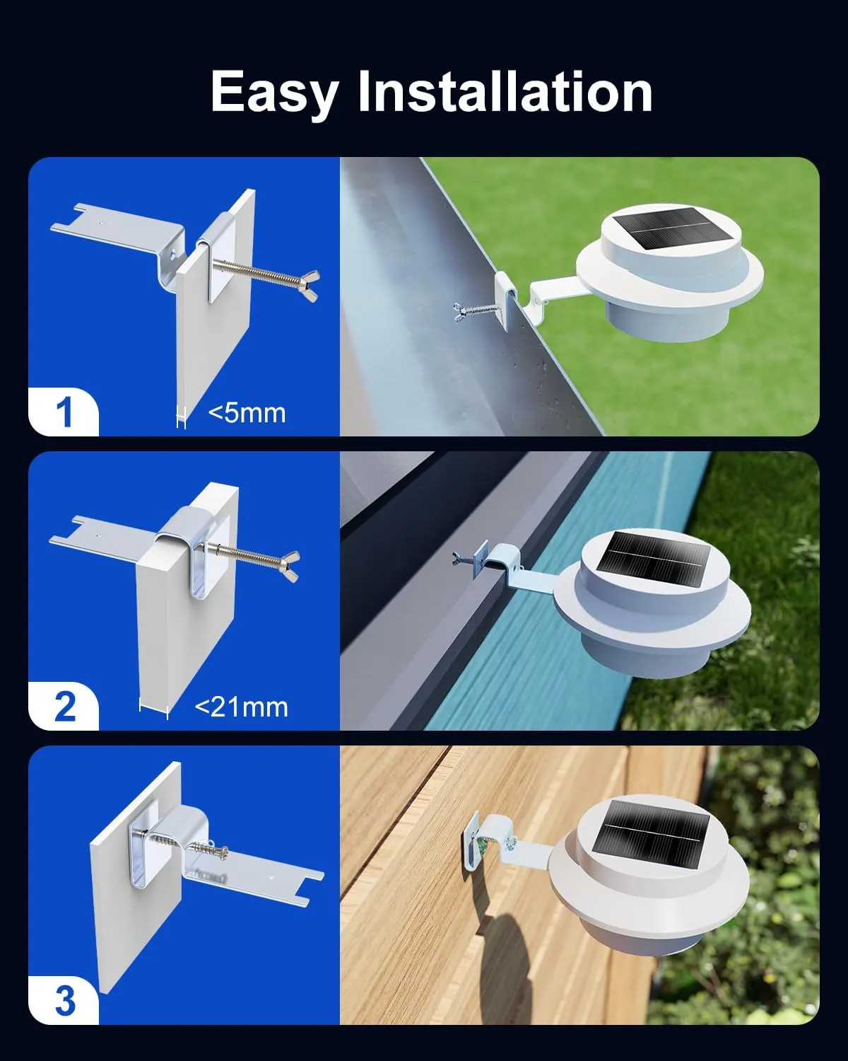 8 Pack White Solar Powered Gutter Lights Outdoor Decorative Waterproof Led Fence Lamp for Lighting Railing, Outside Wall, Deck, Garden, Path, Backyard, Sidewalk, Yard, Patio, No Drilling Installation