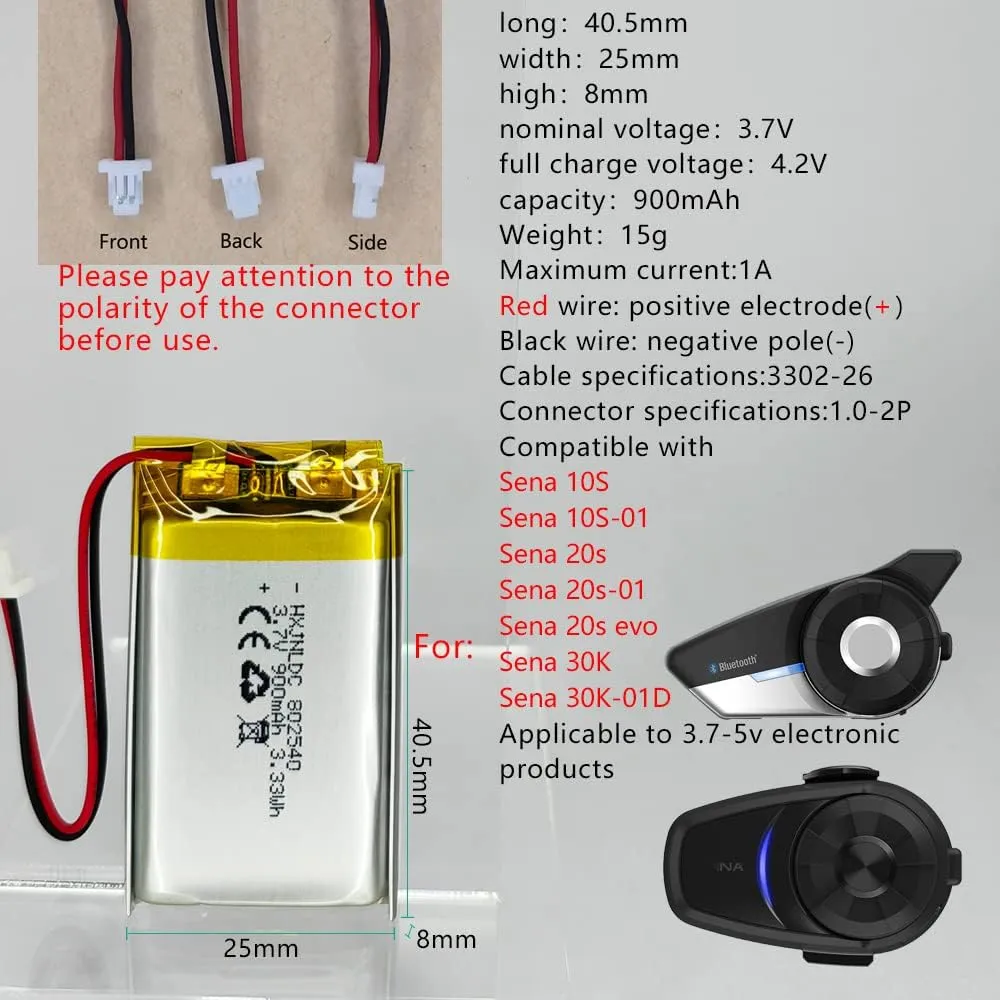 802540 3.7v 900mAh lithium battery for Sena 10S series Sena 10S-01 ena Sena 20s series Sena 20s-01 Sena 20s evo Sena 30K series Sena 30K-01D Motorcycles Bluetooth Headset Battery Replacement Intercom