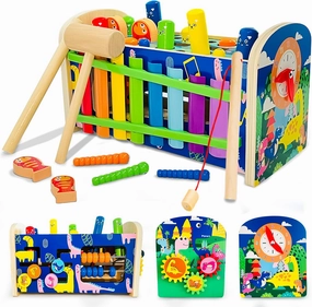 8 in 1 Baby Wooden Hammer Toy, Learning & Education Toys for Toddler Toys Age 1-4,Wooden Montessori Toys，Whack-a-mole Game, Musical Xylophone and Fishing Game Fun Gift for Toddlers