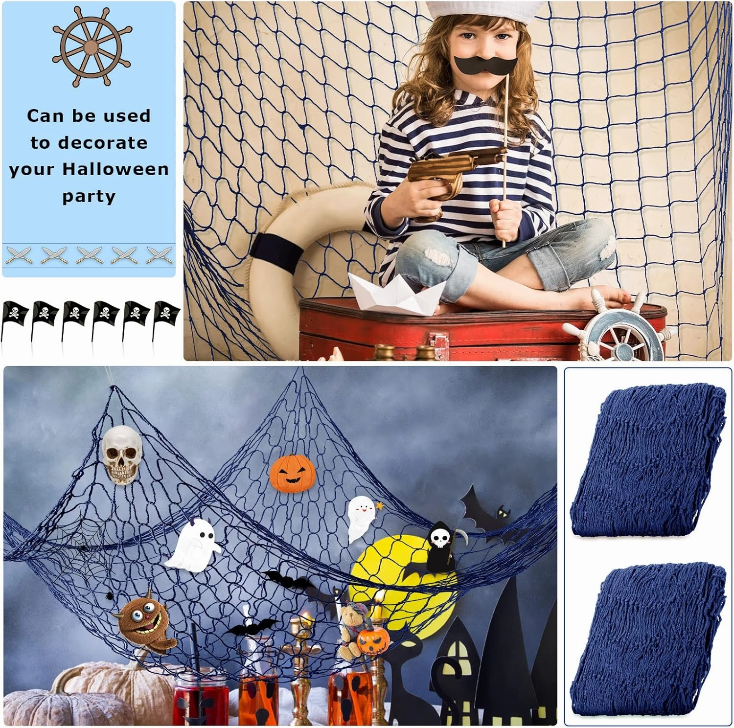 8 Pcs Fish Net Decorative Party Supplies 78.7 x 59 Inch Nautical Party Decorations Natural Cotton Fishnet Party Accessory for Hawaiian Pirate Fishing Undersea Theme Party Favor (Blue)