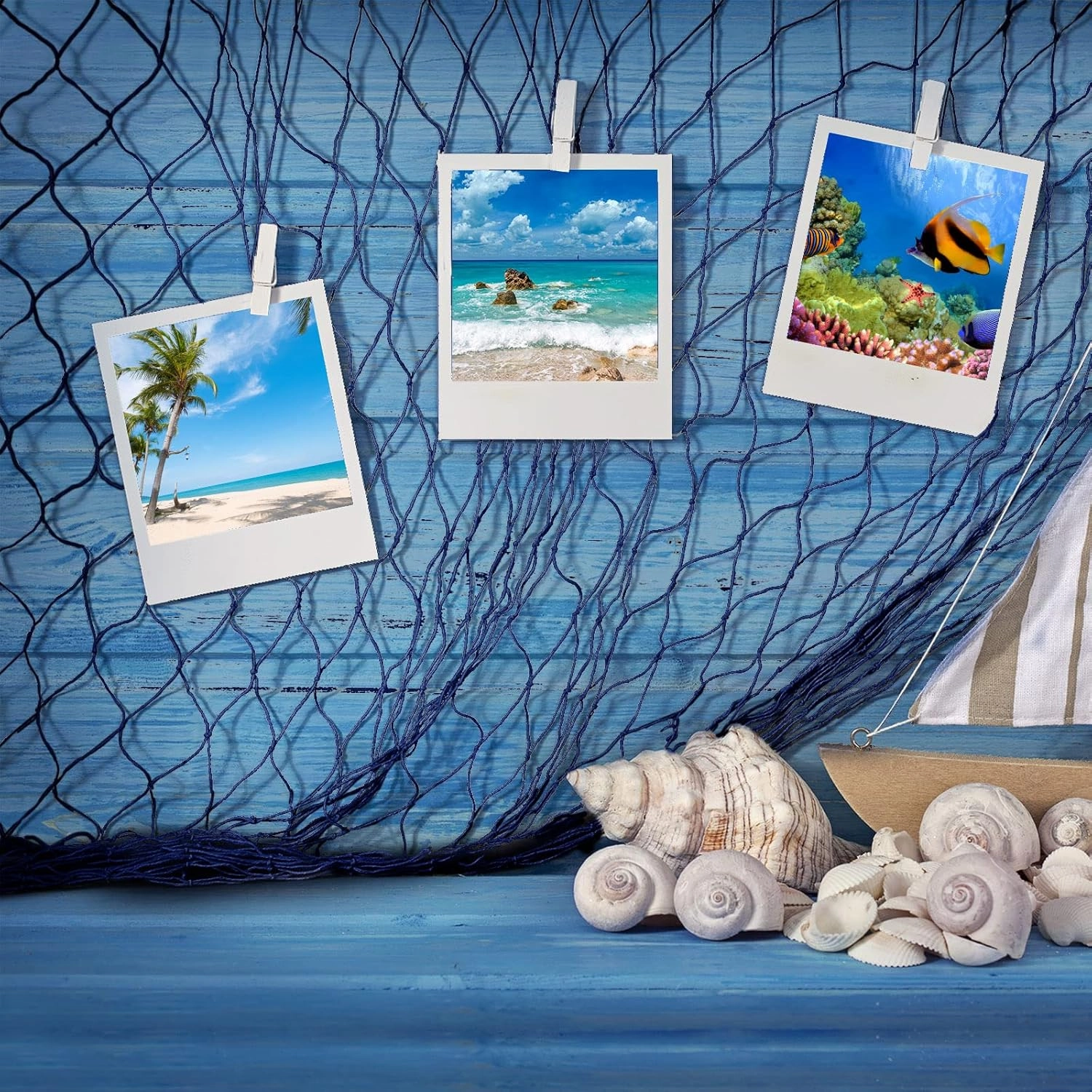 8 Pcs Fish Net Decorative Party Supplies 78.7 x 59 Inch Nautical Party Decorations Natural Cotton Fishnet Party Accessory for Hawaiian Pirate Fishing Undersea Theme Party Favor (Blue)