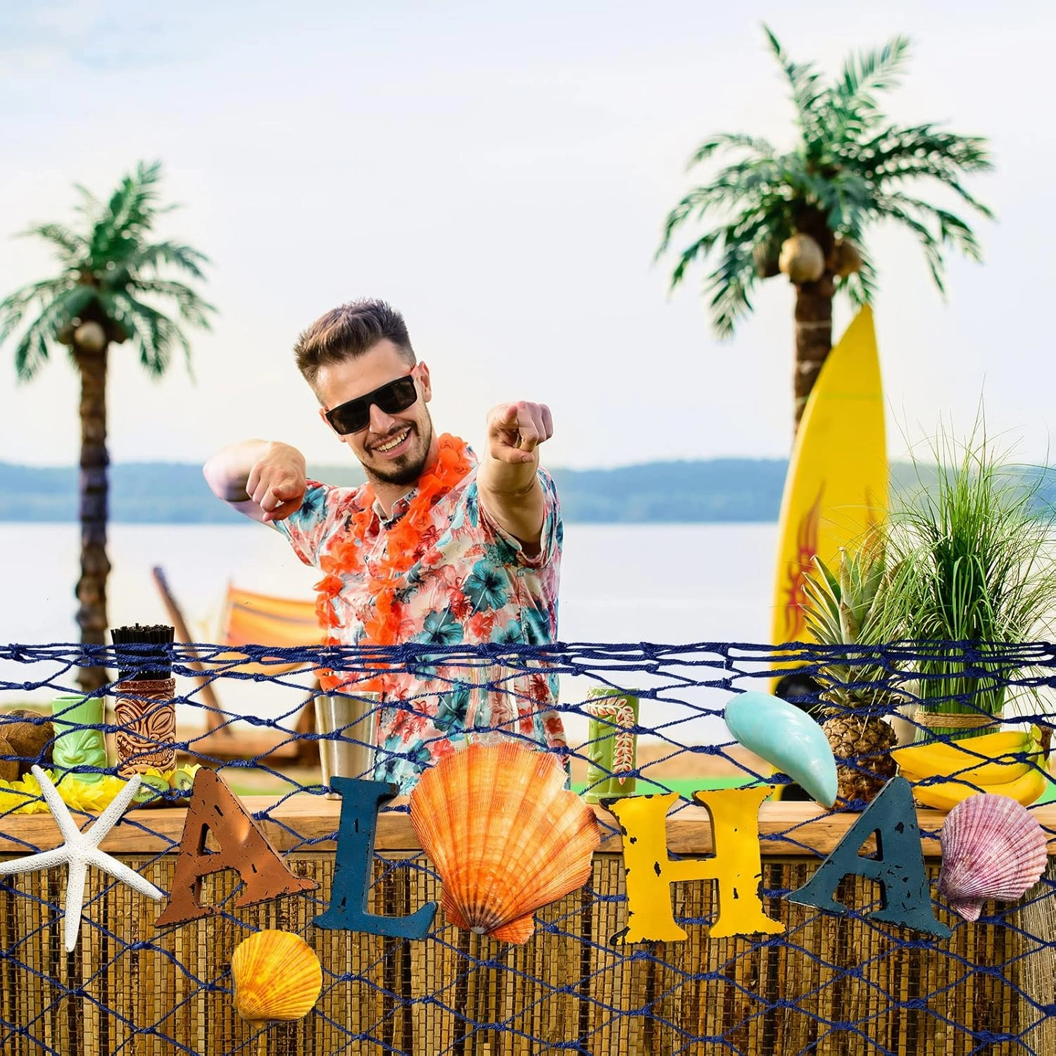 8 Pcs Fish Net Decorative Party Supplies 78.7 x 59 Inch Nautical Party Decorations Natural Cotton Fishnet Party Accessory for Hawaiian Pirate Fishing Undersea Theme Party Favor (Blue)