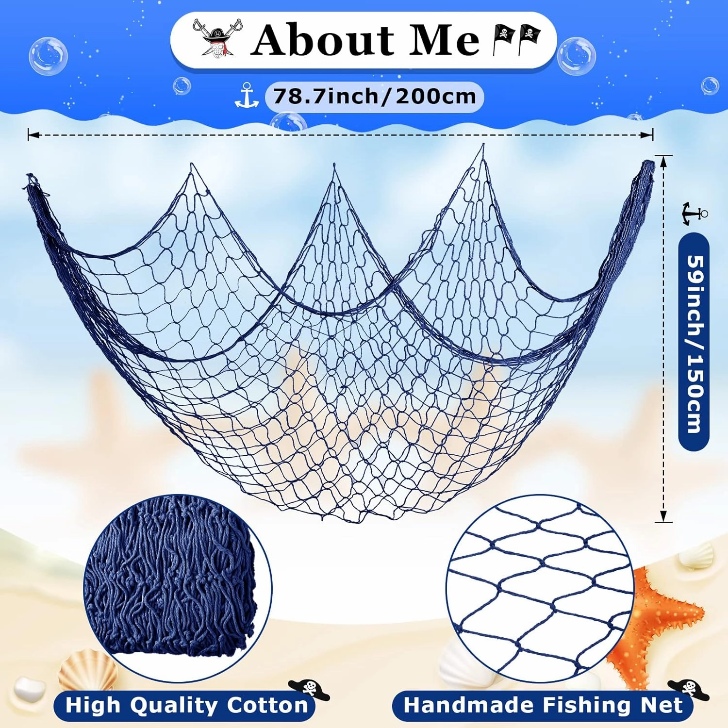 8 Pcs Fish Net Decorative Party Supplies 78.7 x 59 Inch Nautical Party Decorations Natural Cotton Fishnet Party Accessory for Hawaiian Pirate Fishing Undersea Theme Party Favor (Blue)