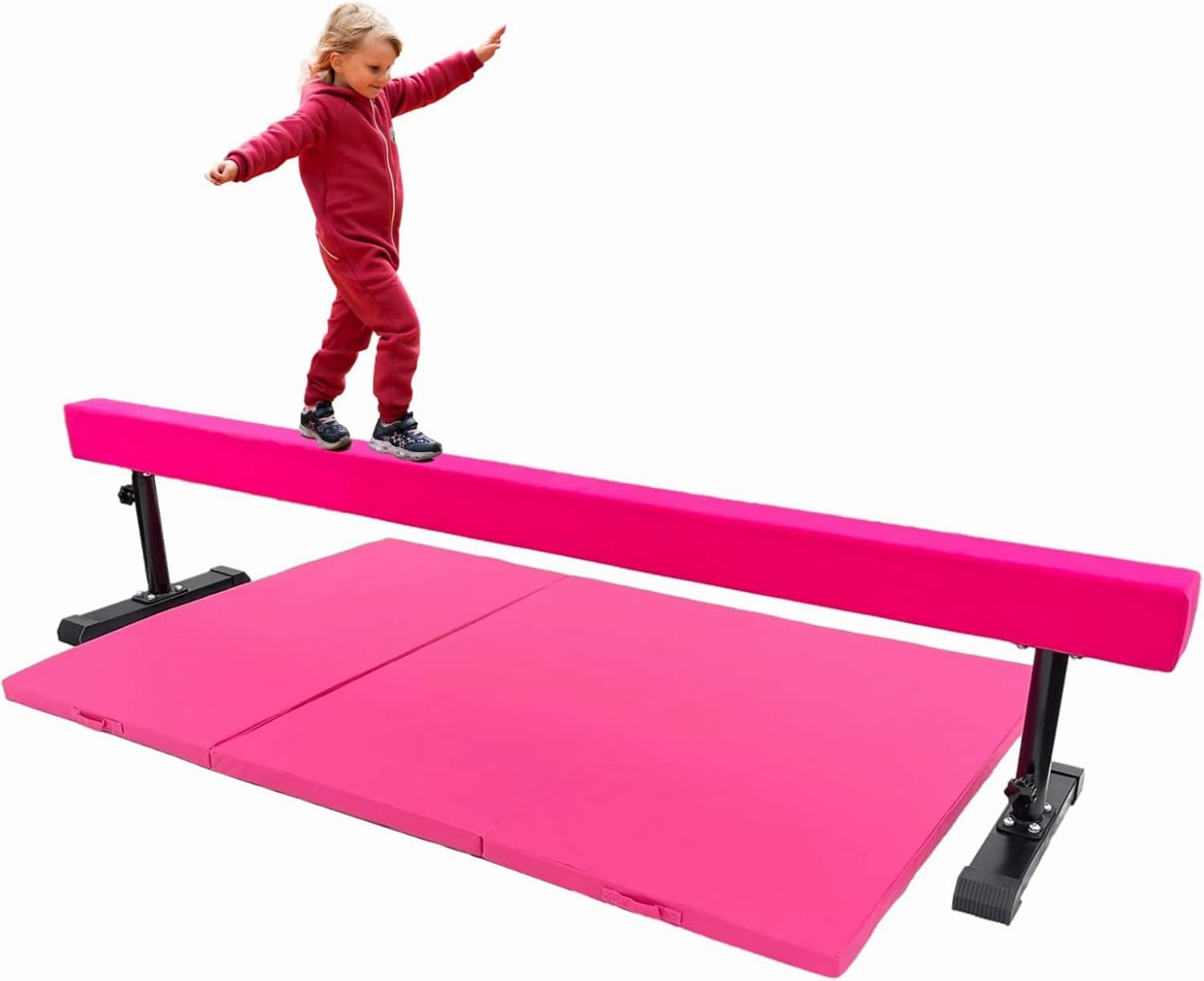 8FT Adj Acrobatic Tube Beam   6FT x 4FT Gymnastics Tumble Mat for Kids and Adults, High and Low Level Suede Balance Beam Gymnastics Competition Training Beam Expandable Legs, Pink