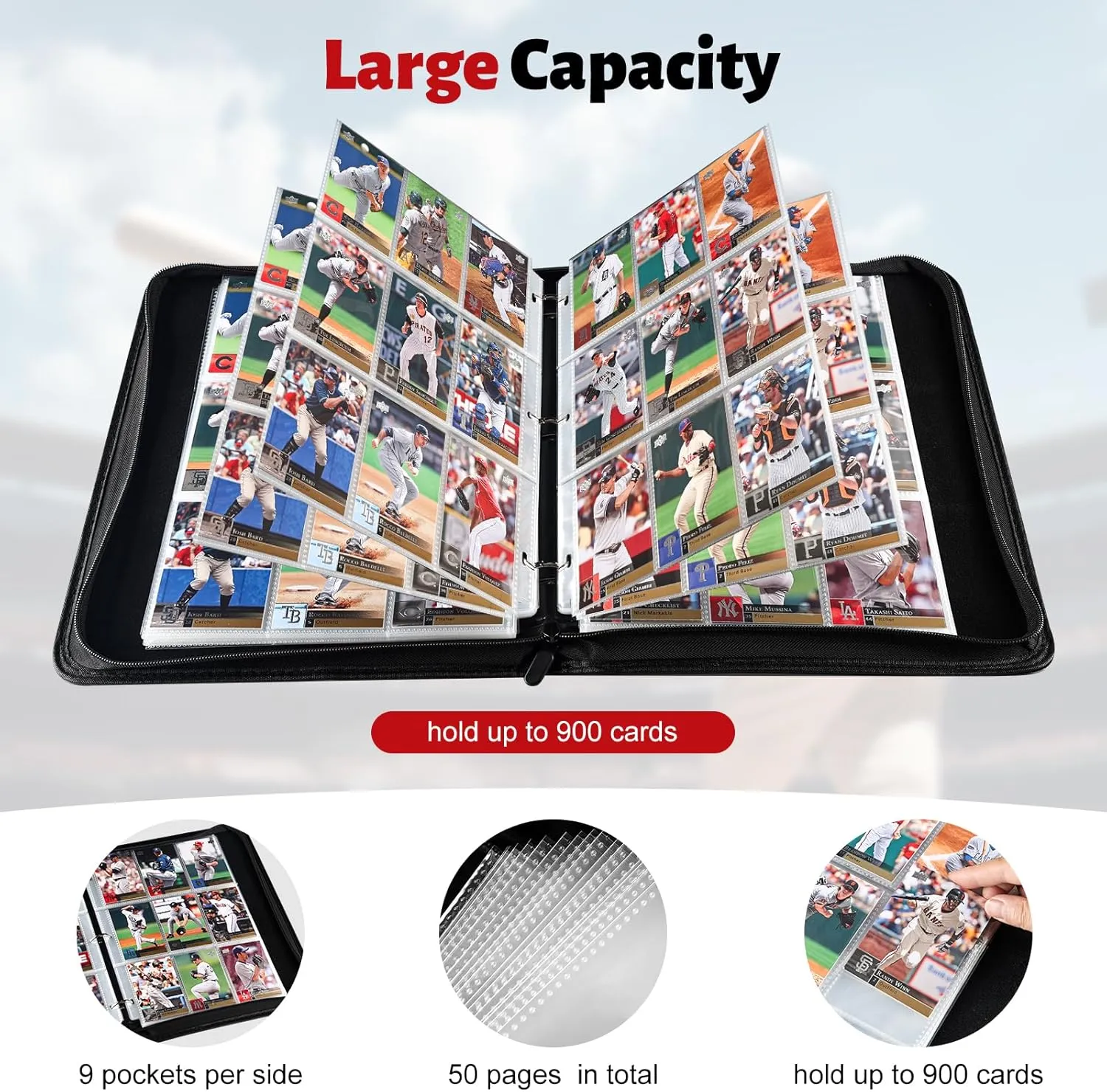 9-Pocket Card Binder with Waterproof PU Cover, Metal Removable 3-Ring Binder for Baseball, Football, and Trading Cards – Durable Card Collection Binder with Zipper Closure, Holds 900 Cards