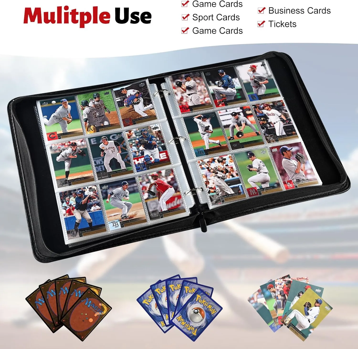 9-Pocket Card Binder with Waterproof PU Cover, Metal Removable 3-Ring Binder for Baseball, Football, and Trading Cards – Durable Card Collection Binder with Zipper Closure, Holds 900 Cards