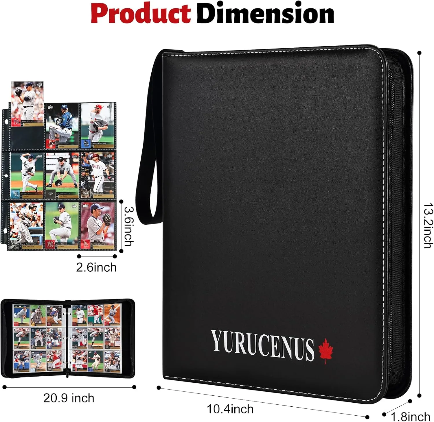 9-Pocket Card Binder with Waterproof PU Cover, Metal Removable 3-Ring Binder for Baseball, Football, and Trading Cards – Durable Card Collection Binder with Zipper Closure, Holds 900 Cards