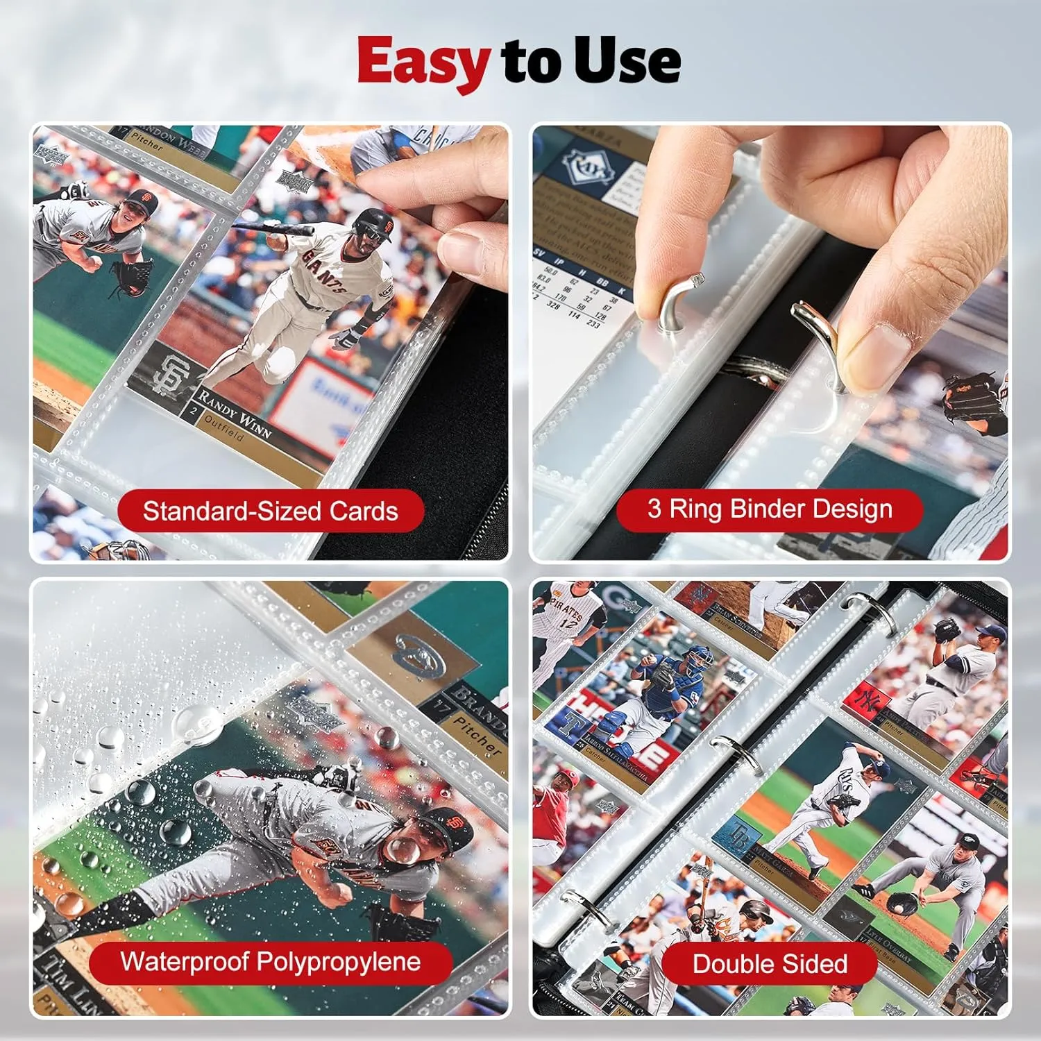 9-Pocket Card Binder with Waterproof PU Cover, Metal Removable 3-Ring Binder for Baseball, Football, and Trading Cards – Durable Card Collection Binder with Zipper Closure, Holds 900 Cards