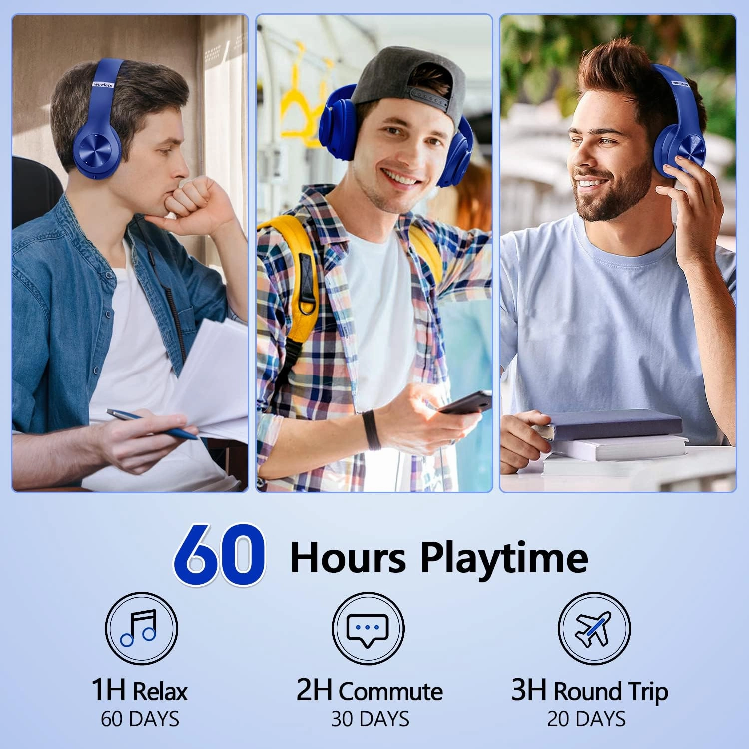 9S Wireless Over-Ear Bluetooth Headphones, 60 Hours Playtime, Hi-Fi Stereo, 6 EQ Modes, Built-in Microphone, Foldable Design, Blue