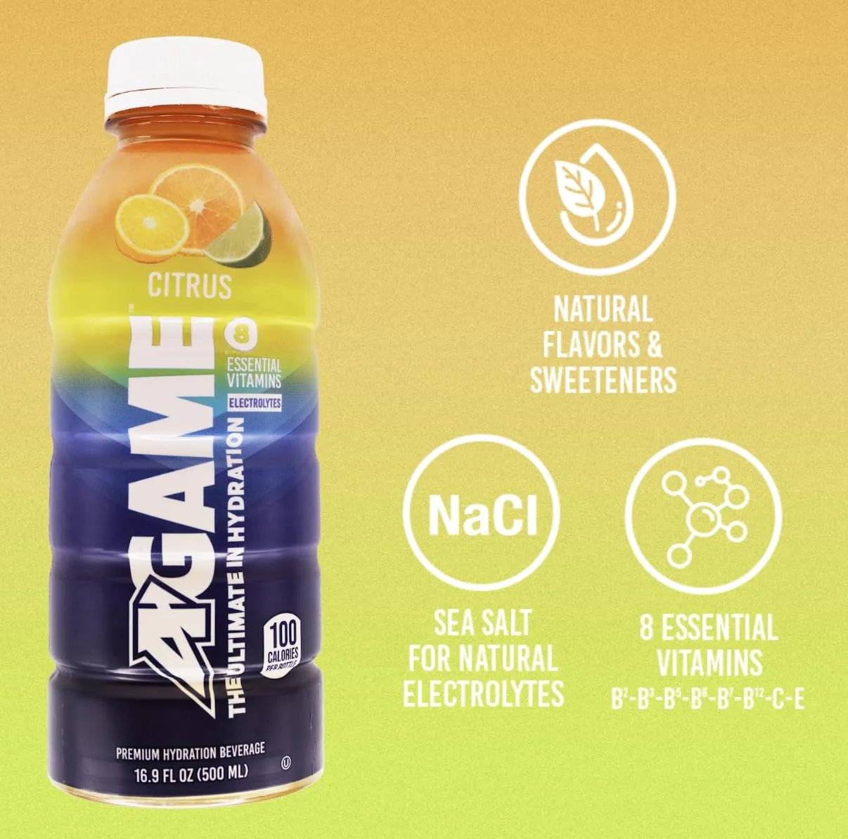A-GAME Sports Drink, Citrus, The Ultimate Hydration Sports Beverage for Athletes, 8 Essential Vitamins including B, C, & E plus Natural Sea Salt Electrolytes, All Natural Flavors & Sweeteners, Gluten Free, 16.9 Fl Oz (Pack of 12)