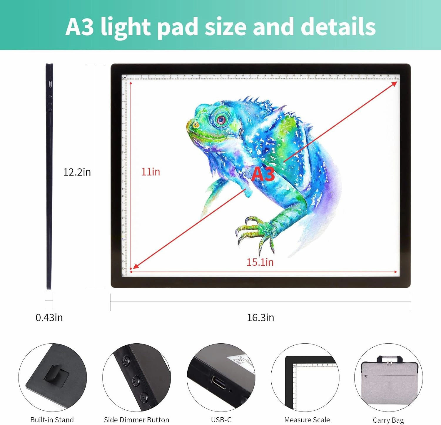 A3 Light Pad with Carry Bag - Battery Powered Diamond Painting Light Board, 3 Colours 6 Levels Brightness Tracing Light Box, Portable Rechargeable LED Light Pad for Weeding Vinyl Drawing