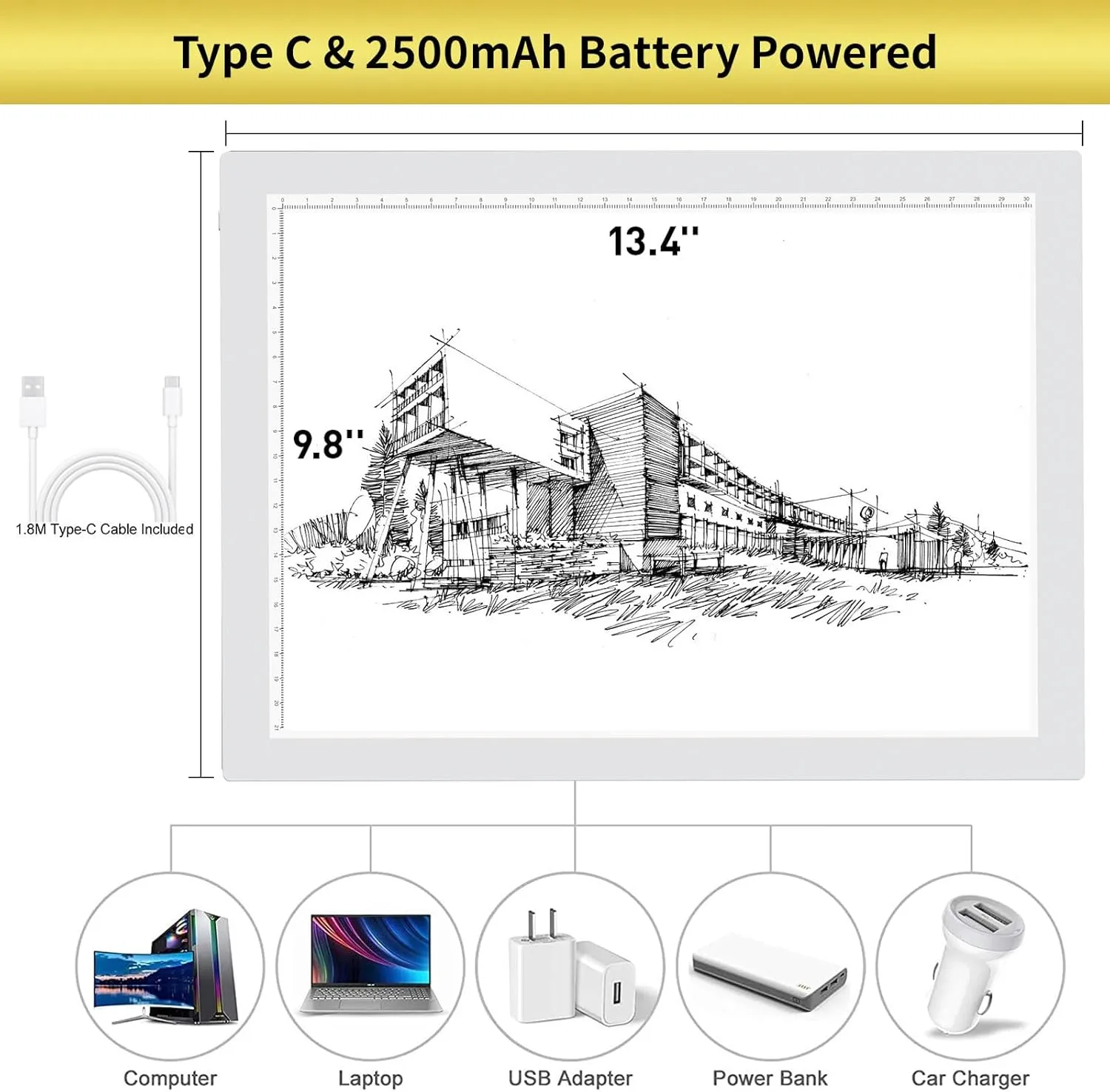 A4 Wireless Battery Powered Light Pad, TOHETO Tracing Light Box Dimmable Brightness Rechargeable LED Light Board Portable Cordless Copy Board for Artist Drawing Sketching X-ray Viewing (White)