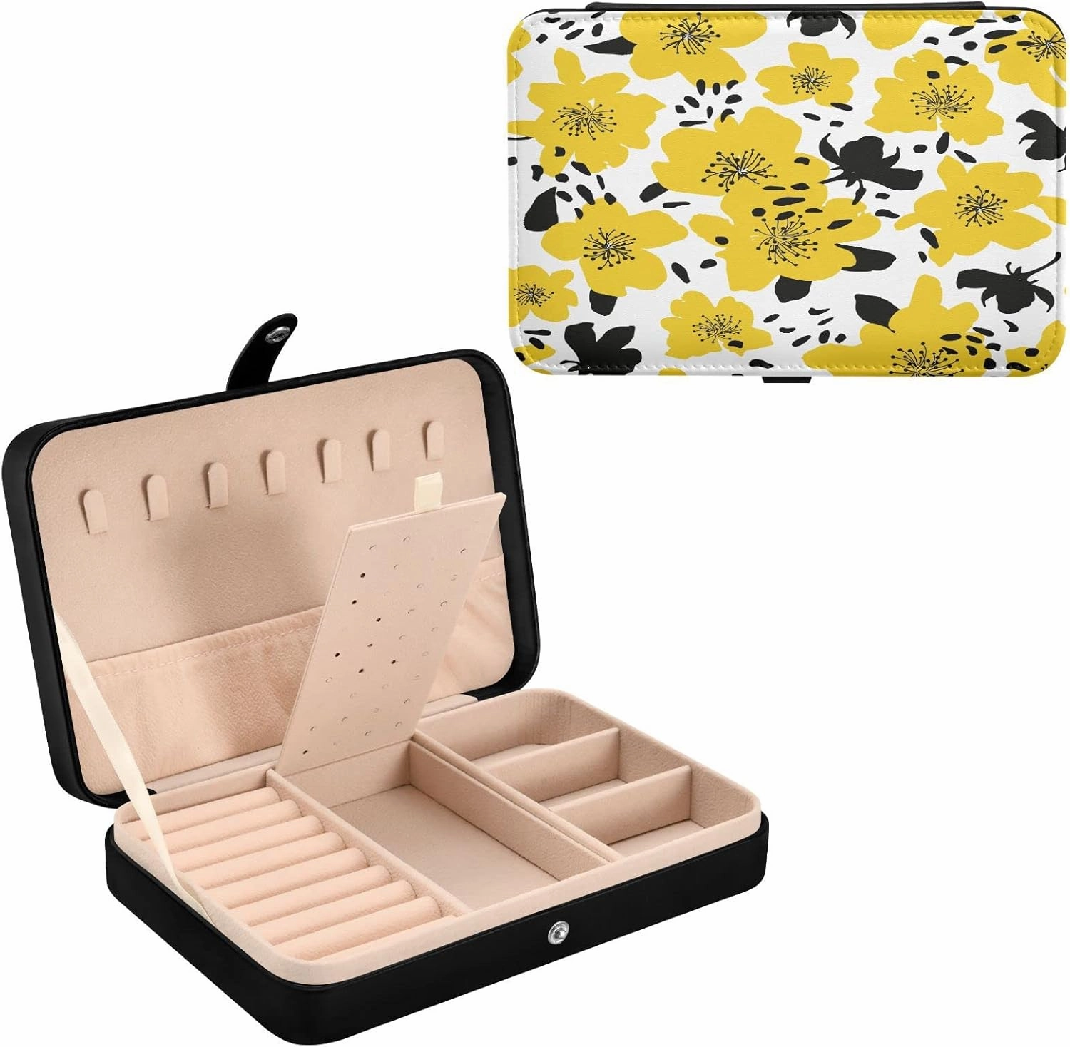 Abstract Spring Flowers PU Leather Travel Jewelry Organizer Case, Portable Jewellery Storage Holder Display for Ring Earrings Necklace Bracelet Bangle Watch Gift for Girl