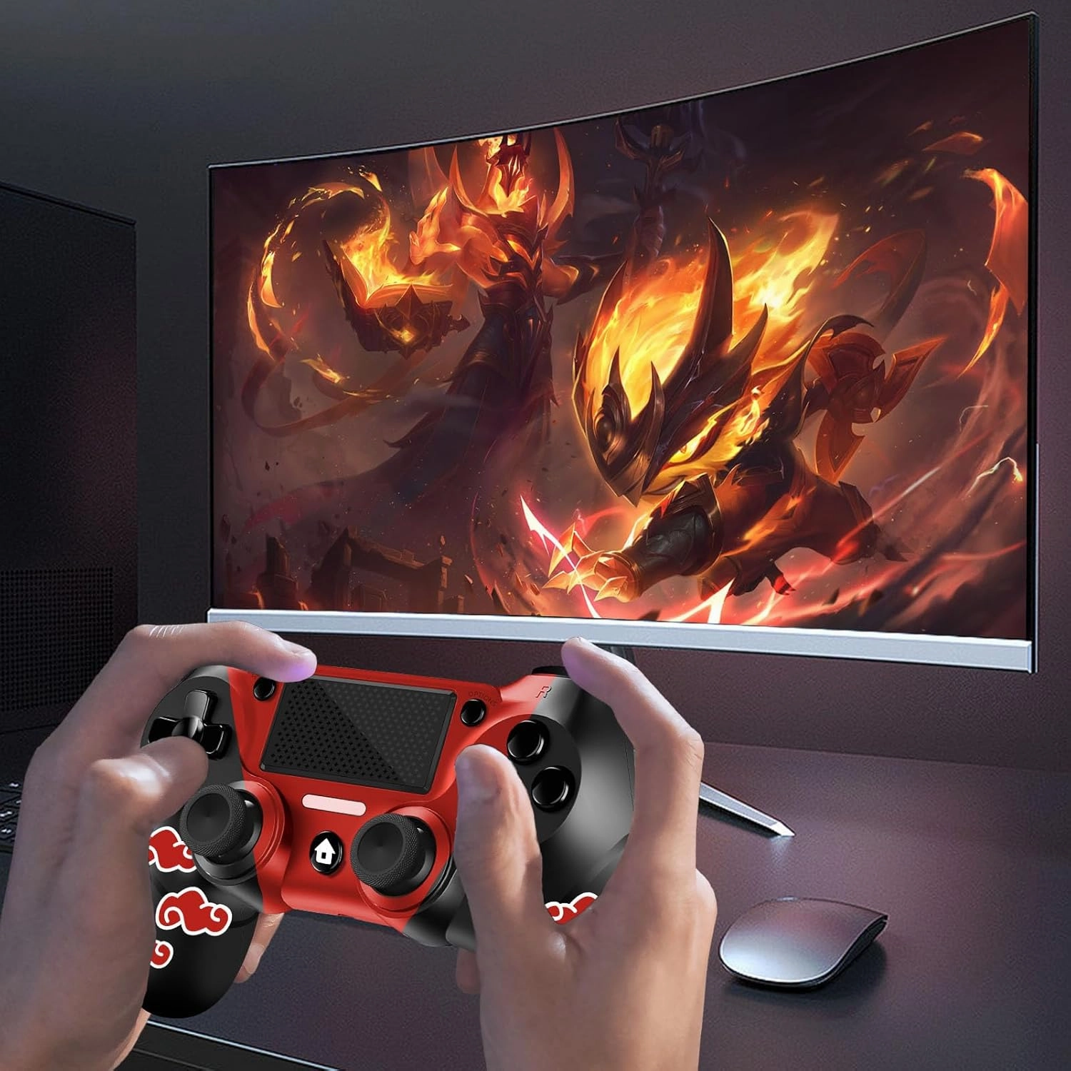 AceGamer Wireless Controller for PS4 Compatible with PS4/Slim/Pro, FTFVaska Gamepad with Enhanced Dual Vibration/Analog Sticks/6-Axis Motion Sensor/Charging Cable/Thumb Caps! (Red Cloudy)
