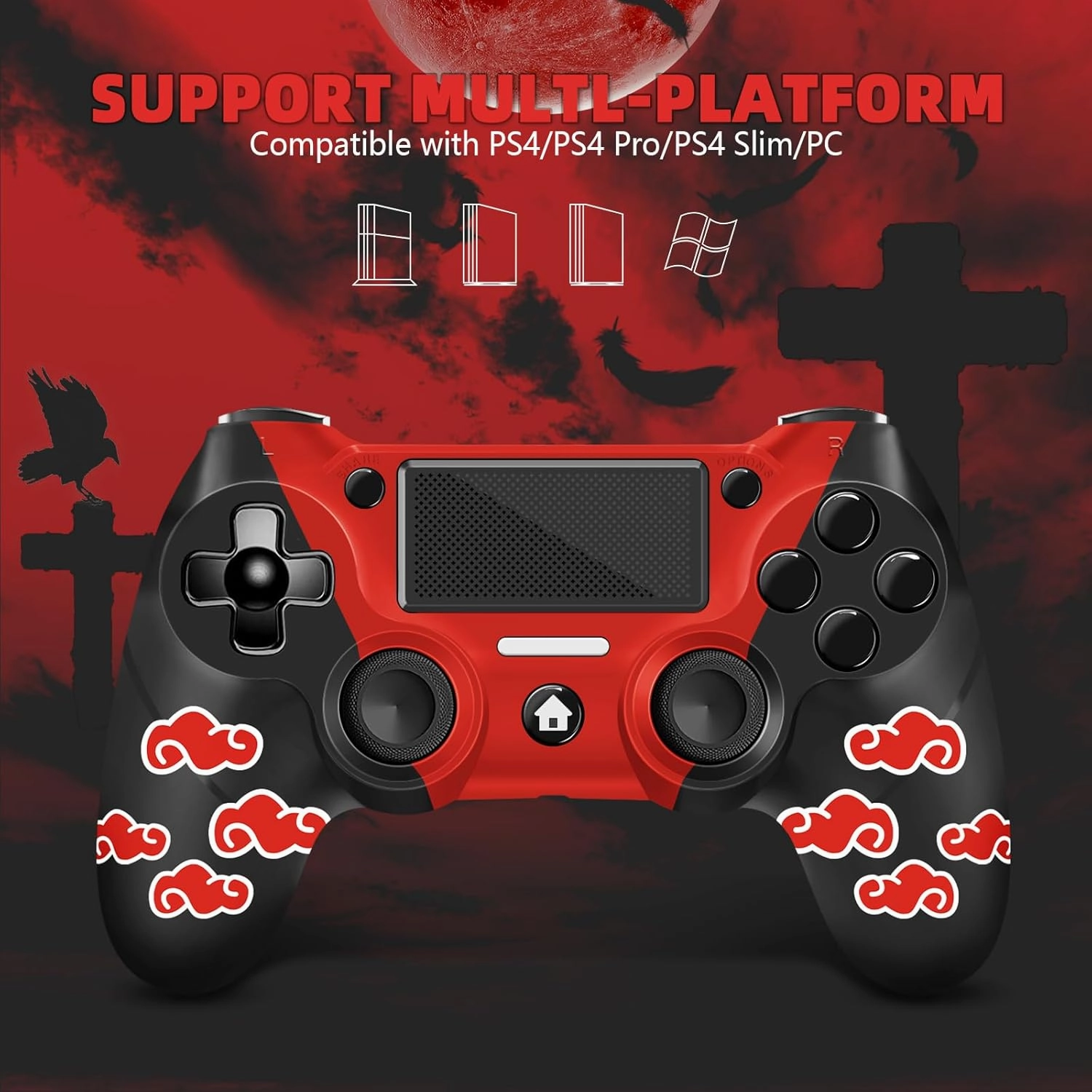 AceGamer Wireless Controller for PS4 Compatible with PS4/Slim/Pro, FTFVaska Gamepad with Enhanced Dual Vibration/Analog Sticks/6-Axis Motion Sensor/Charging Cable/Thumb Caps! (Red Cloudy)