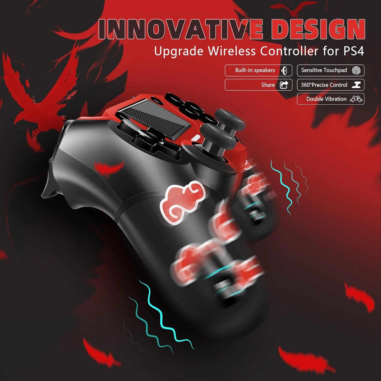 AceGamer Wireless Controller for PS4 Compatible with PS4/Slim/Pro, FTFVaska Gamepad with Enhanced Dual Vibration/Analog Sticks/6-Axis Motion Sensor/Charging Cable/Thumb Caps! (Red Cloudy)