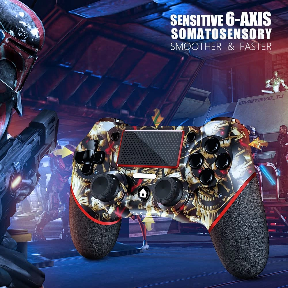 AceGamer Wireless Controller for PS4, Custom Design V2 Gamepad Joystick for PS4 with Non-Slip Grip of Both Sides and 3.5mm Audio Jack! Thumb Caps Included! (Gold Skull)