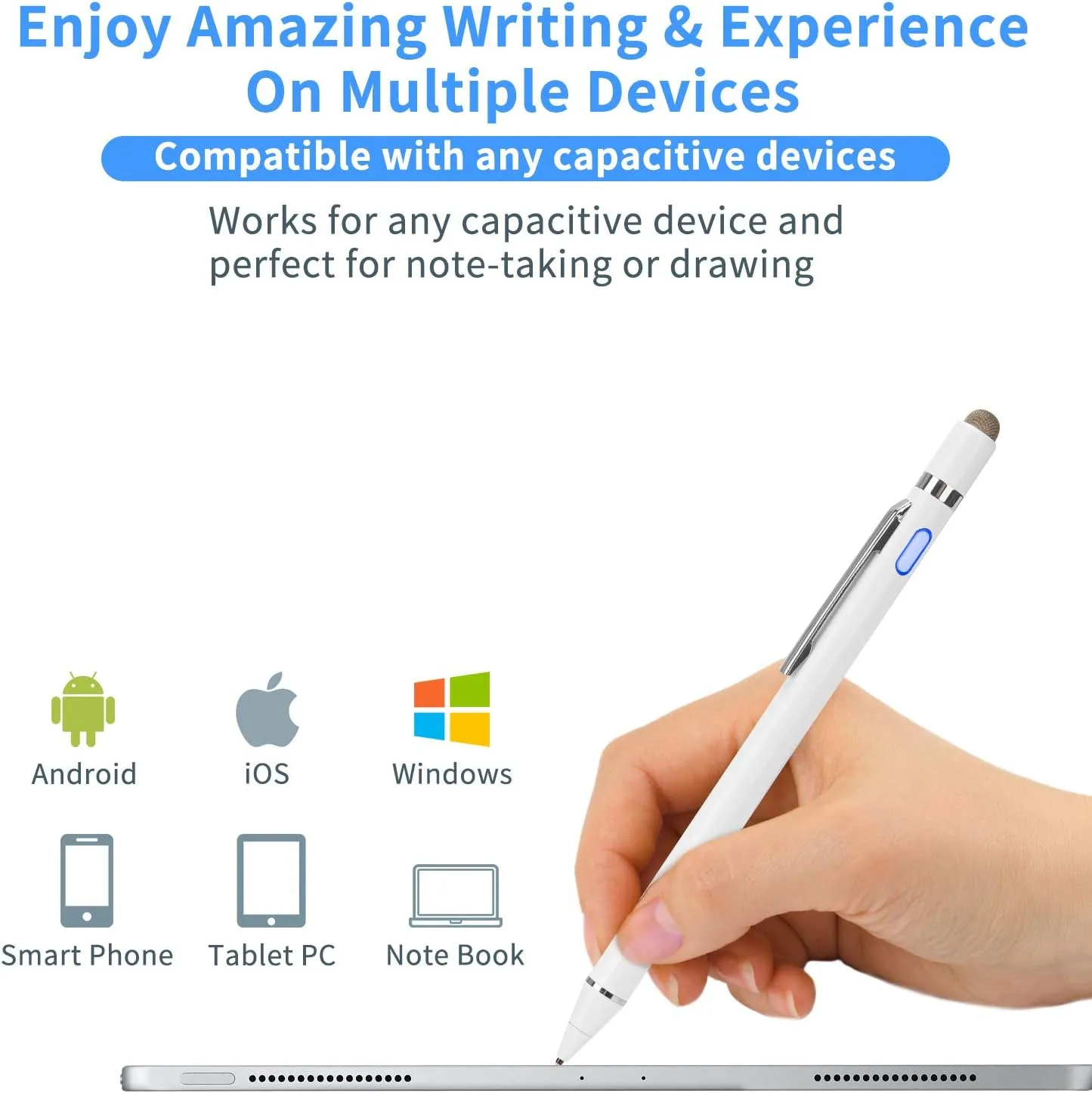 Active Stylus Digital Pen with Ultra Fine Tip Stylus for iPad iPhone Samsung Tablets, Compatible with Apple Pen,Stylus Pen for iPad Pro, White