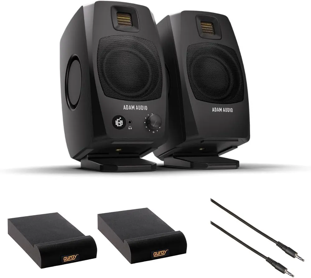 ADAM Audio D3V(Black) Active Desktop Monitoring System Bundle with 2X Auray IP-S Isolation Pad for Studio Monitor and Comprehensive Stereo Mini Male to Stereo Mini Male Cable -6'
