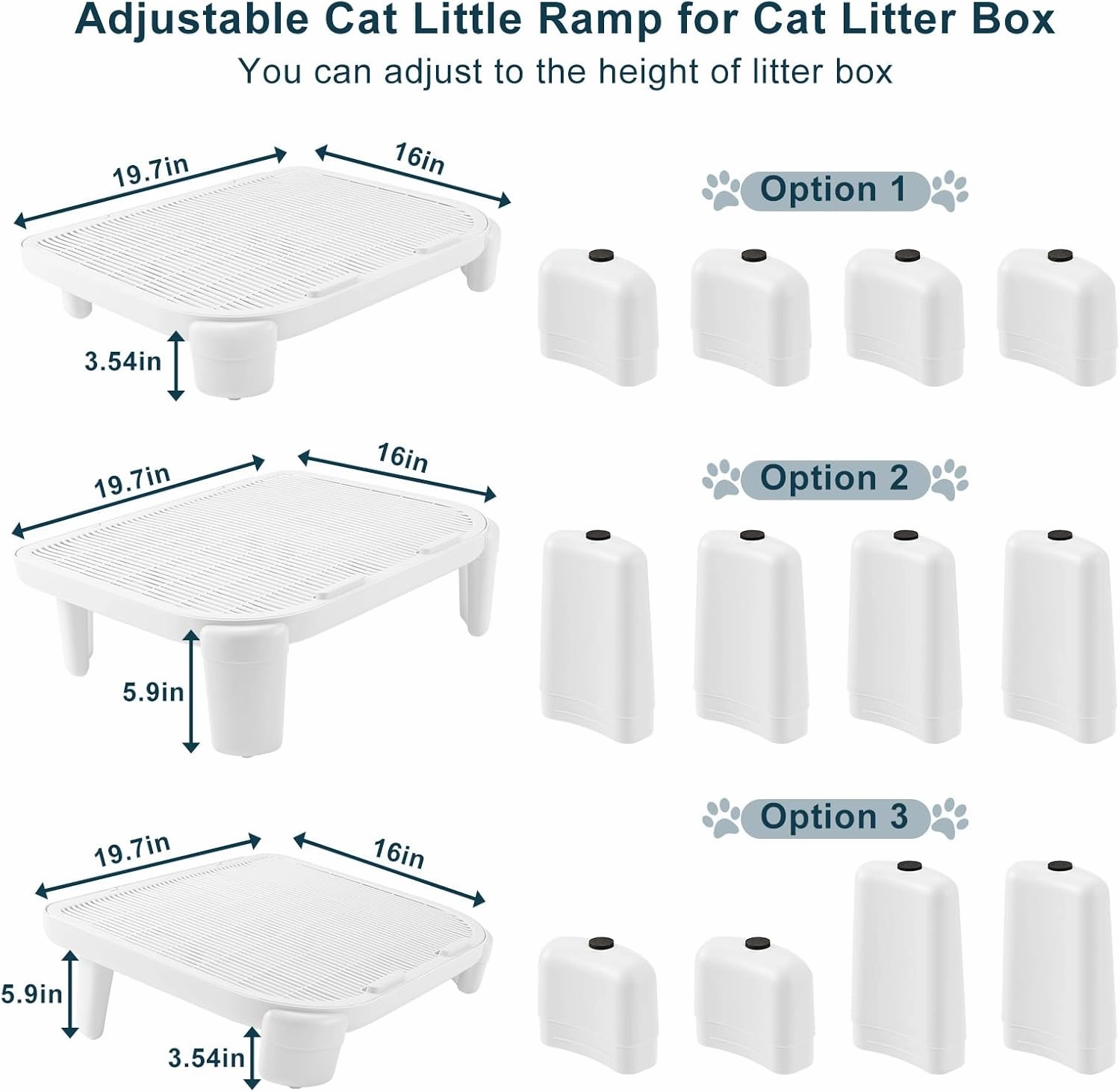 Adjustable Cat Litter Ramp for Elevated Cat Litter Box, Double Layered Litter Trapper with Filter Function, Easy Clean, Non-Slip Cat Litter Step and Stair-White