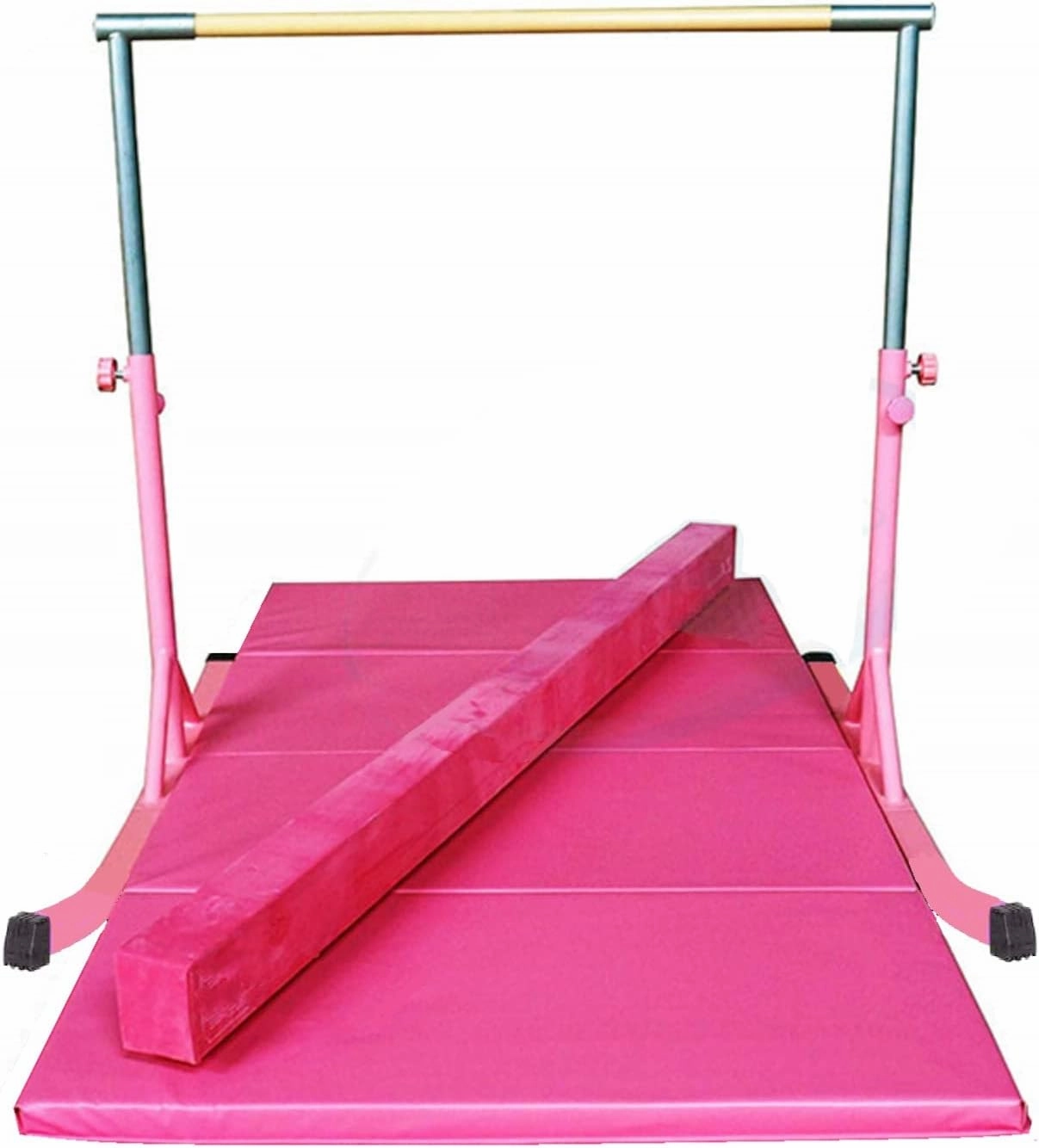 Adjustable Gymnastics Kip Bar Set with Balance Beam, 6'x4' Mat for Kids, Expandable Horizontal Bar Gymnastic Training Exercise Gymnast Home Gym Adjustable 3 to 5 FT Fiberglass Rail (Pink)