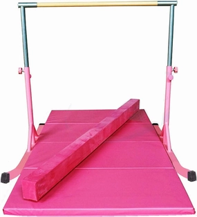Adjustable Gymnastics Kip Bar Set with Balance Beam, 6'x4' Mat for Kids, Expandable Horizontal Bar Gymnastic Training Exercise Gymnast Home Gym Adjustable 3 to 5 FT Fiberglass Rail (Pink)