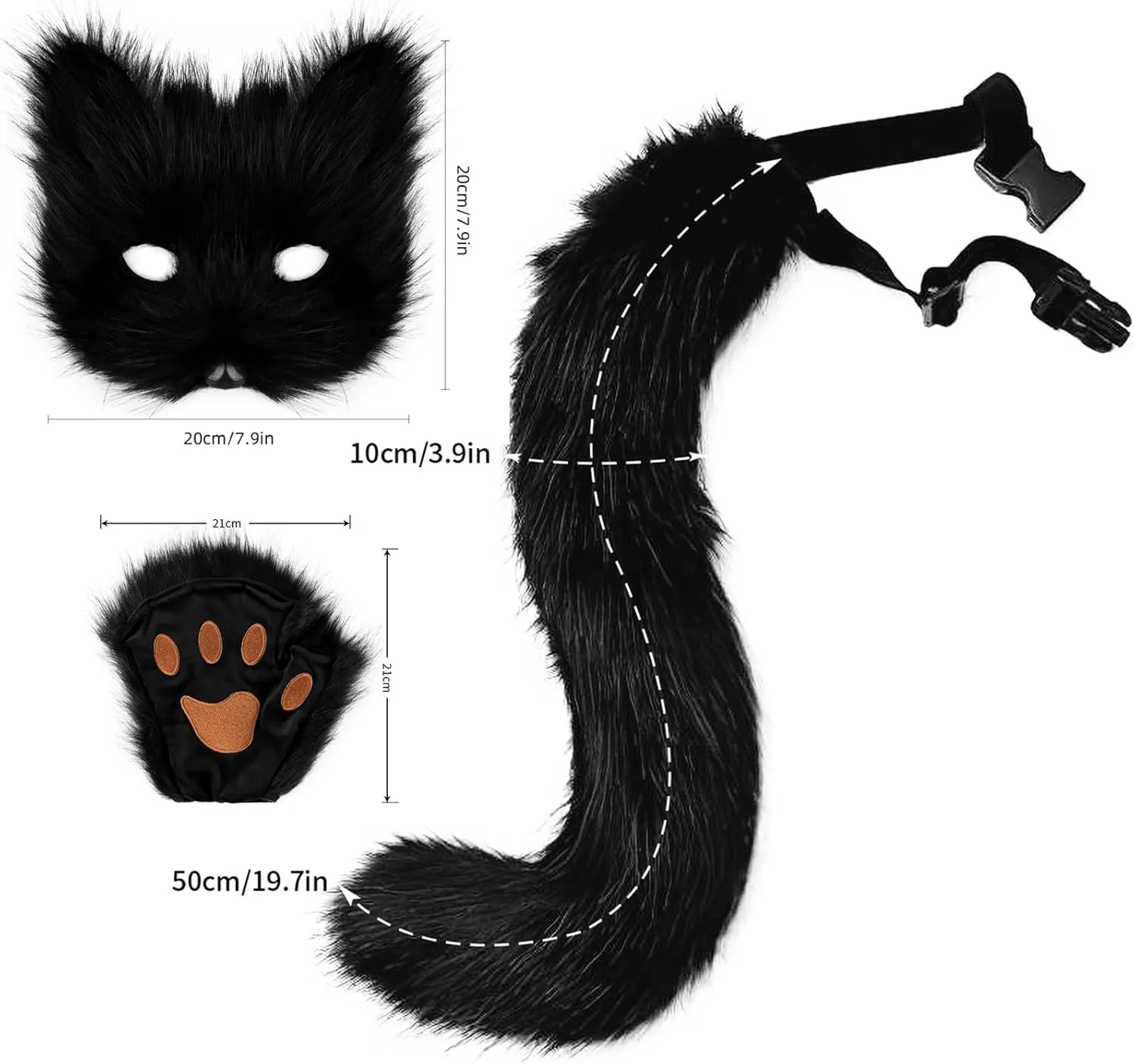 Adolala Faux Fur Fox Tail Cat Wolf Cosplay Costume Set Plush Mask Fluffy Paw Gloves Halloween Christmas Party for Girls Women