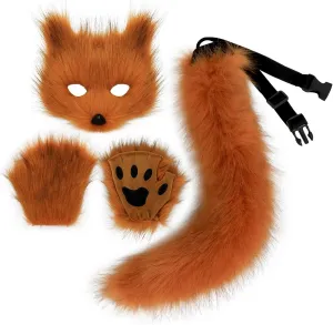 Adolala Faux Fur Fox Tail Cat Wolf Cosplay Costume Set Plush Mask Fluffy Paw Gloves Halloween Christmas Party for Girls Women