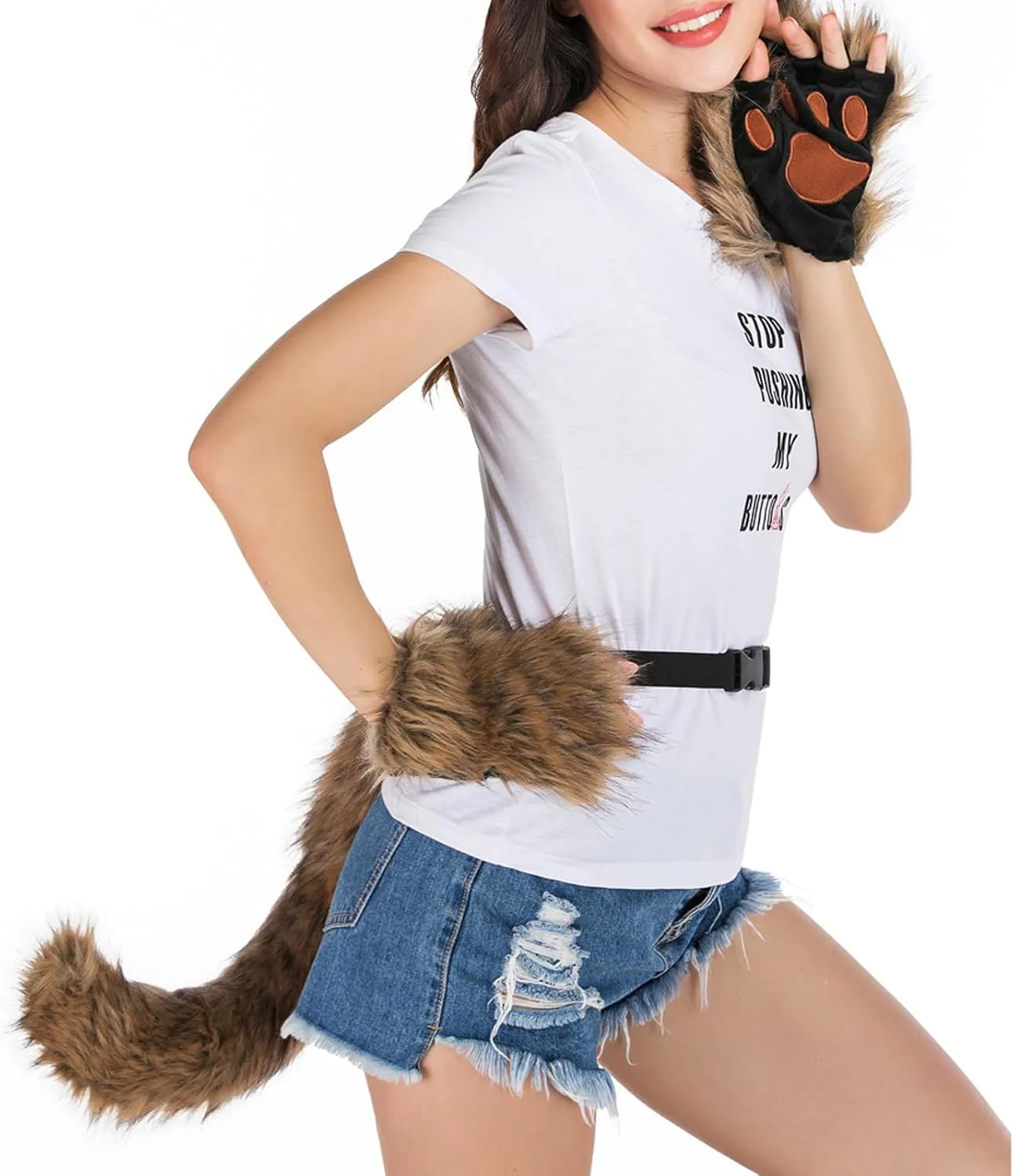 Adolala Faux Fur Fox Tail Cat Wolf Cosplay Costume Set Plush Mask Fluffy Paw Gloves Halloween Christmas Party for Girls Women