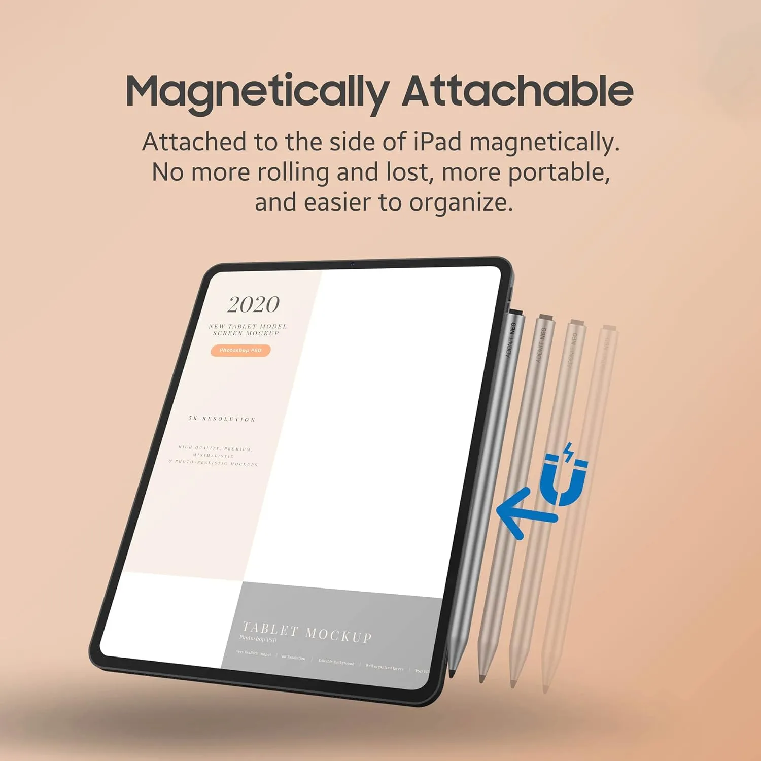Adonit Neo(Matte Silver) Magnetically Attachable iPad Pen Palm Rejection Pencil for Writing/Drawing Stylus Compatible w iPad Air 4th/3rd gen, iPad Mini 6/5th gen, iPad 9/8/7/6th gen, iPad Pro 11/12.9"